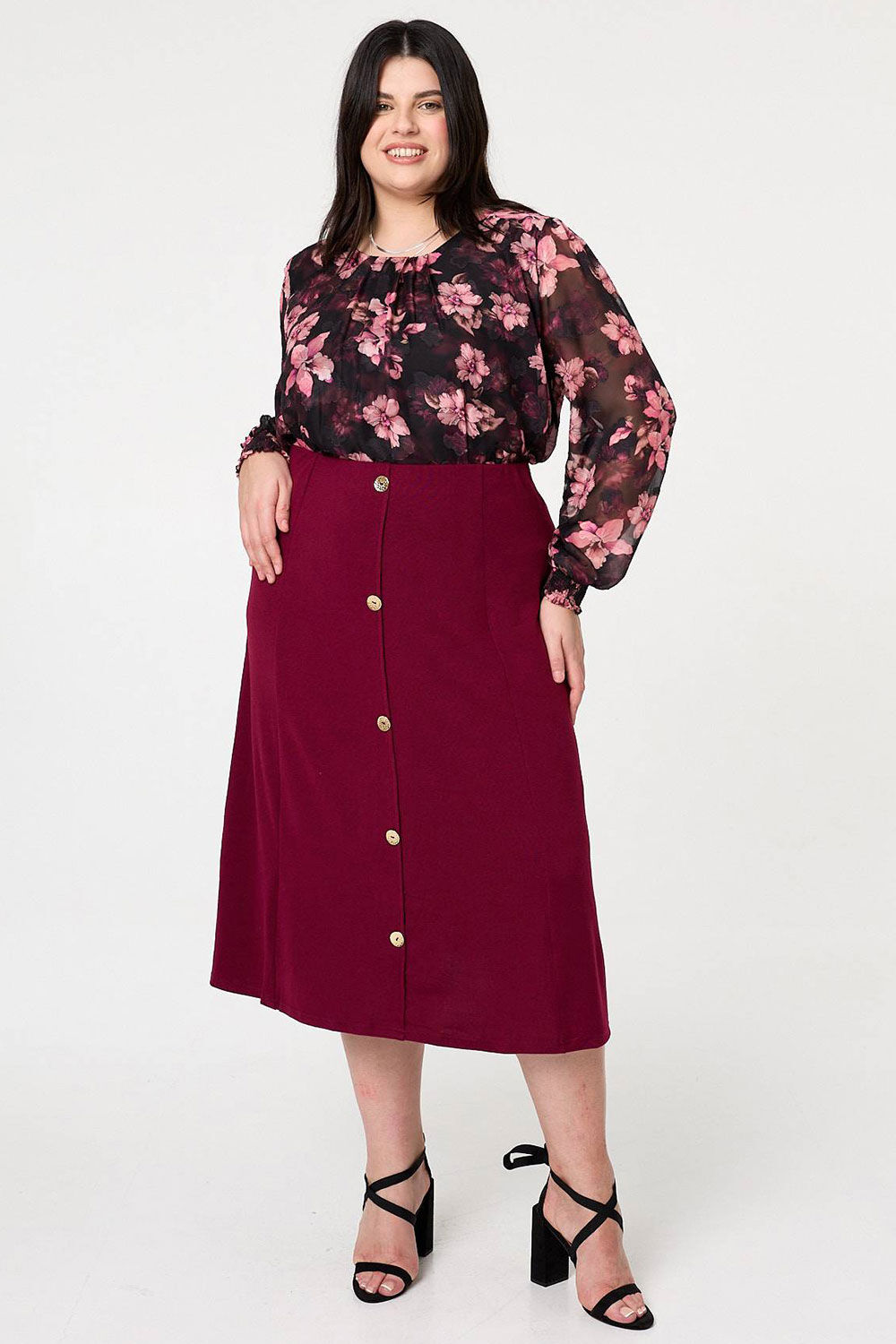 Izabel London Curve Wine - Button High Waist A-line Midi Skirt, Size: