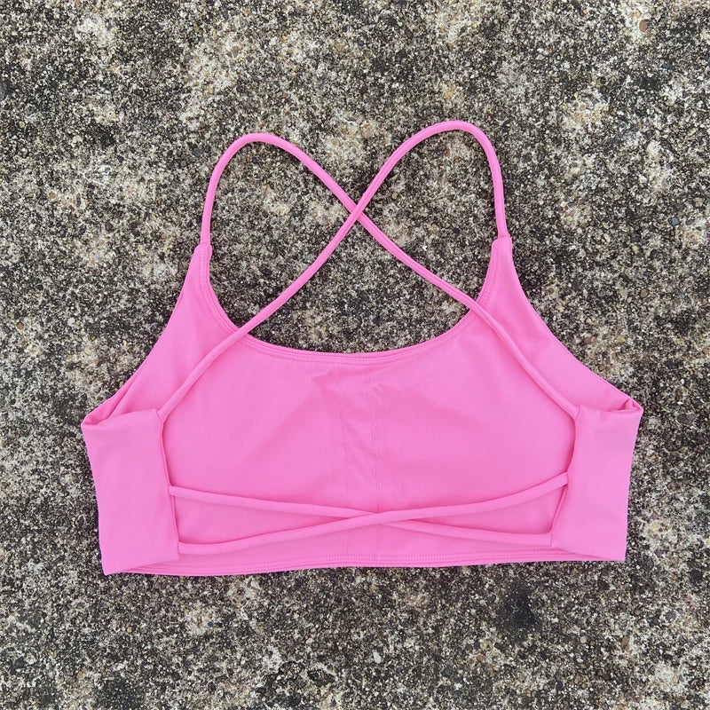 Women Sports Bra Sexy Cross Straps Back Fitness Bralette High Impact Gym Yoga Workout Crop Top Vest Push Up Running Underwear - Cosmos powder L