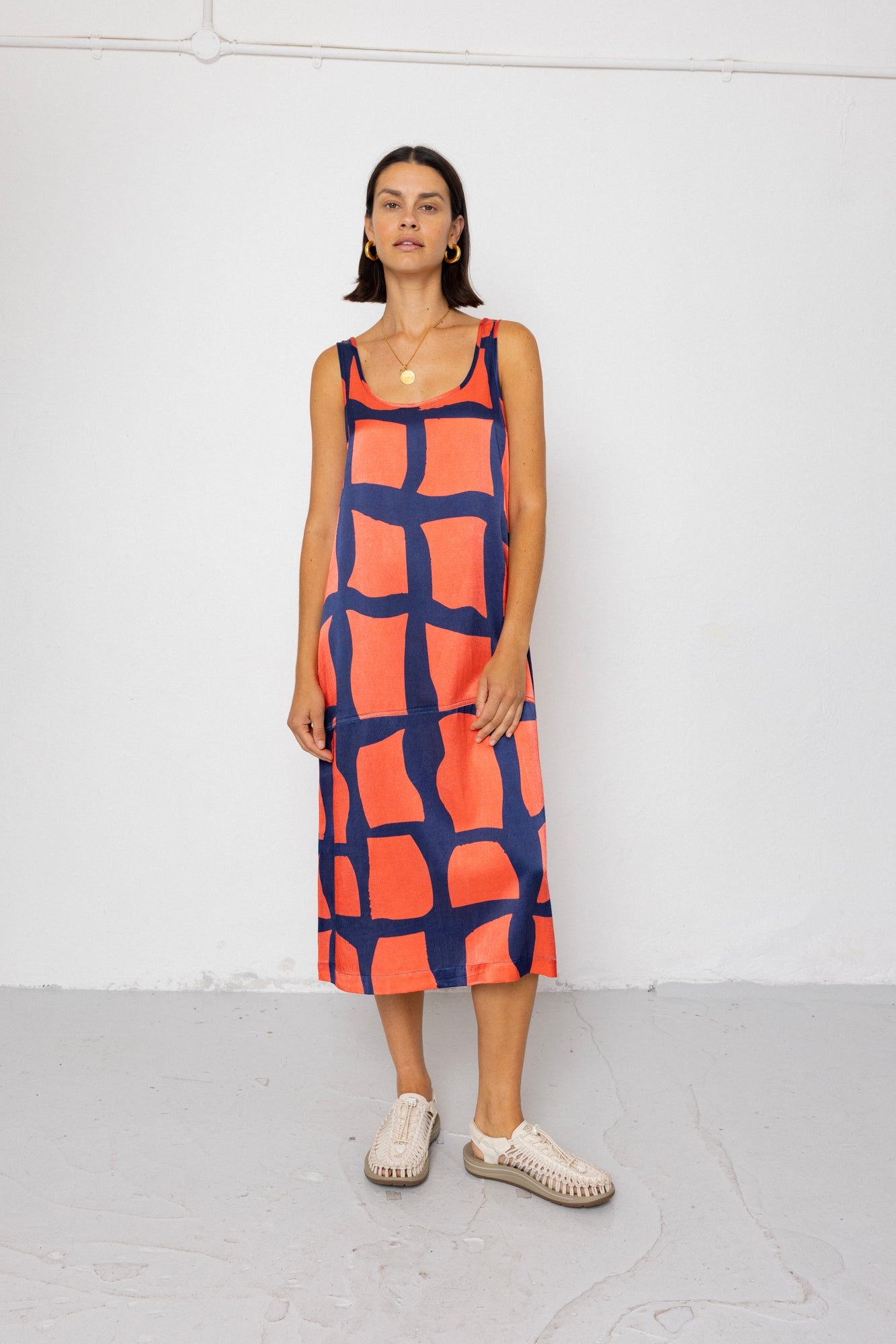 Slip Dress - Abstract Block Print Navy