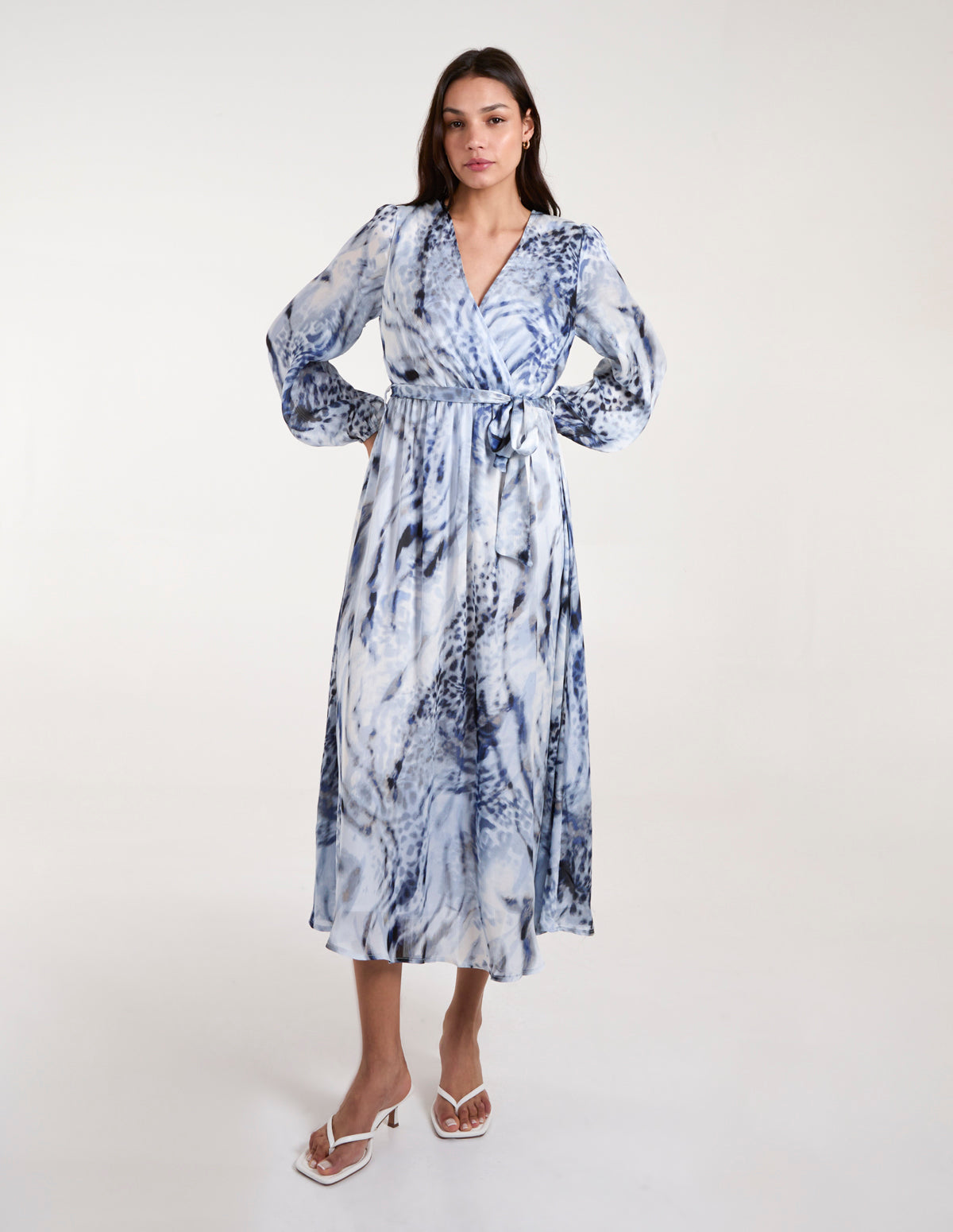 Watercolour Wrap Front Belted Midi Dress - L BLUE