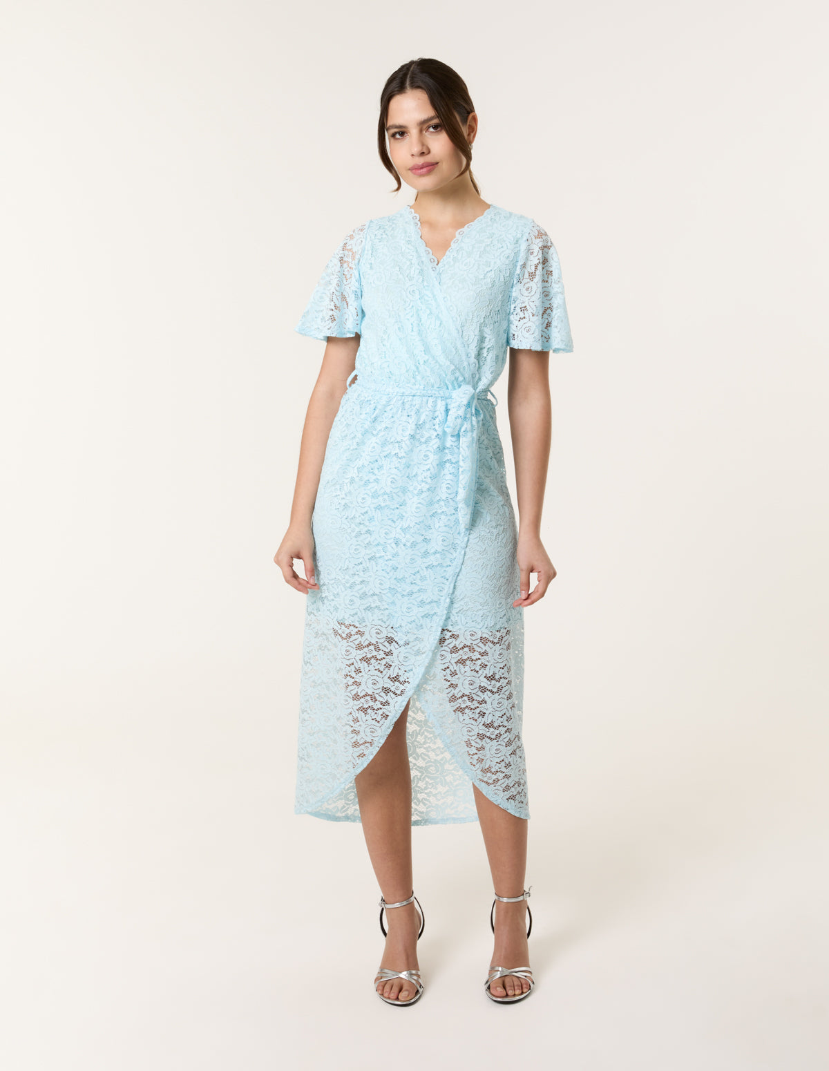 Lace Wrap Over Midi Dress - Light Blue