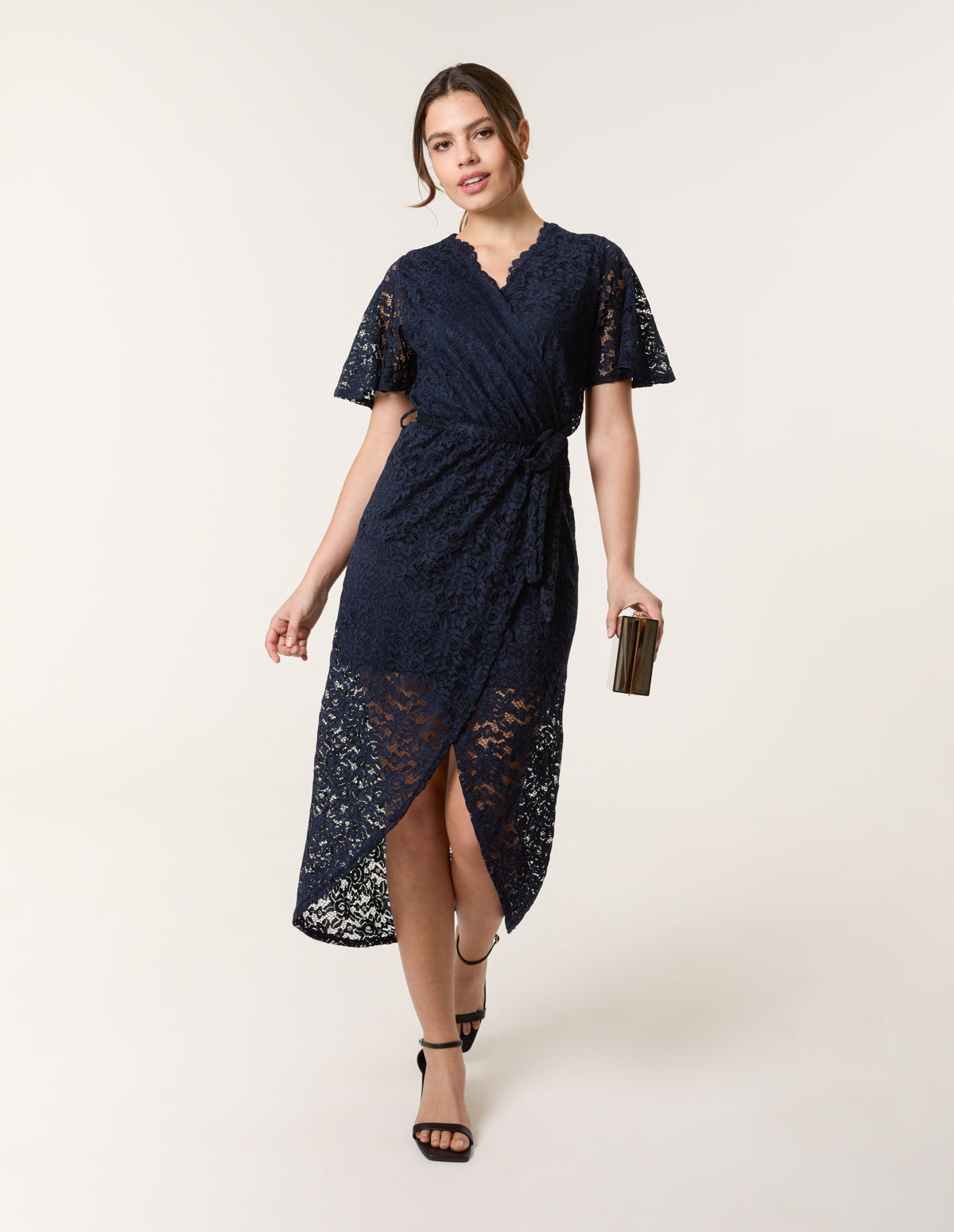 Lace Wrap Over Midi Dress - NAVY