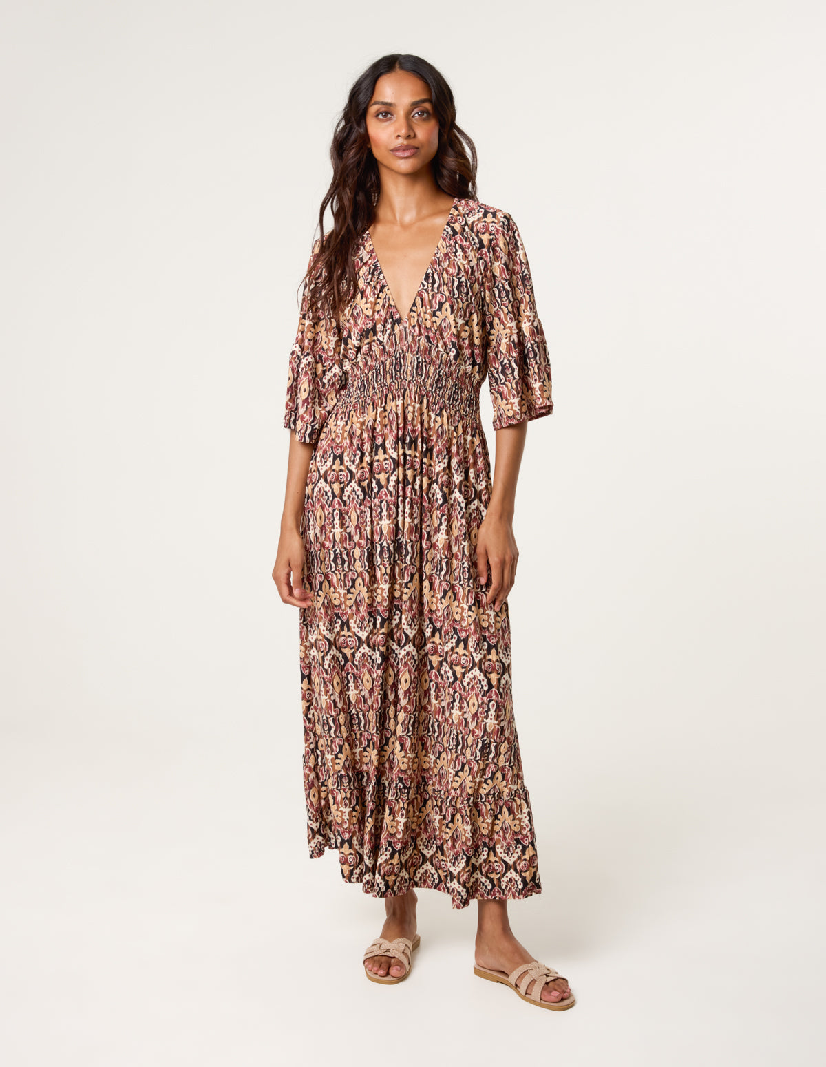 Elasticated Neck Shirred Waist Midi Dress - S BROWN