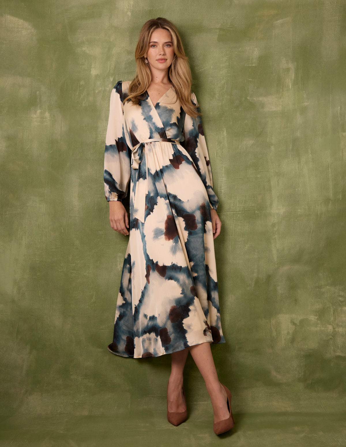 Watercolour Wrap Dress With Tie Belt - M BLUE PATTERN