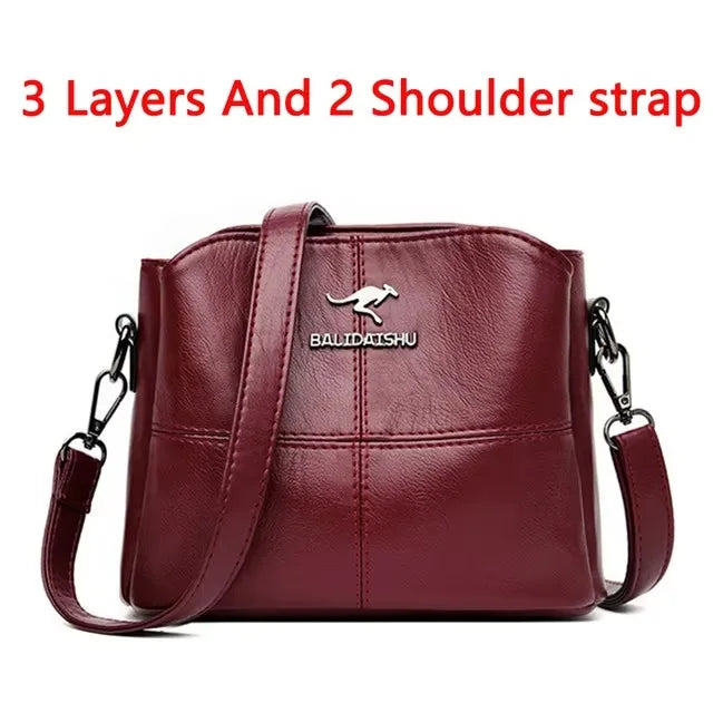 Casual Women Handbag Soft Leather Shoulder Crossbody Bags for Women New Fashion Print Ladies Messenger Tote Bag Sac A Main - Layers Burgundy