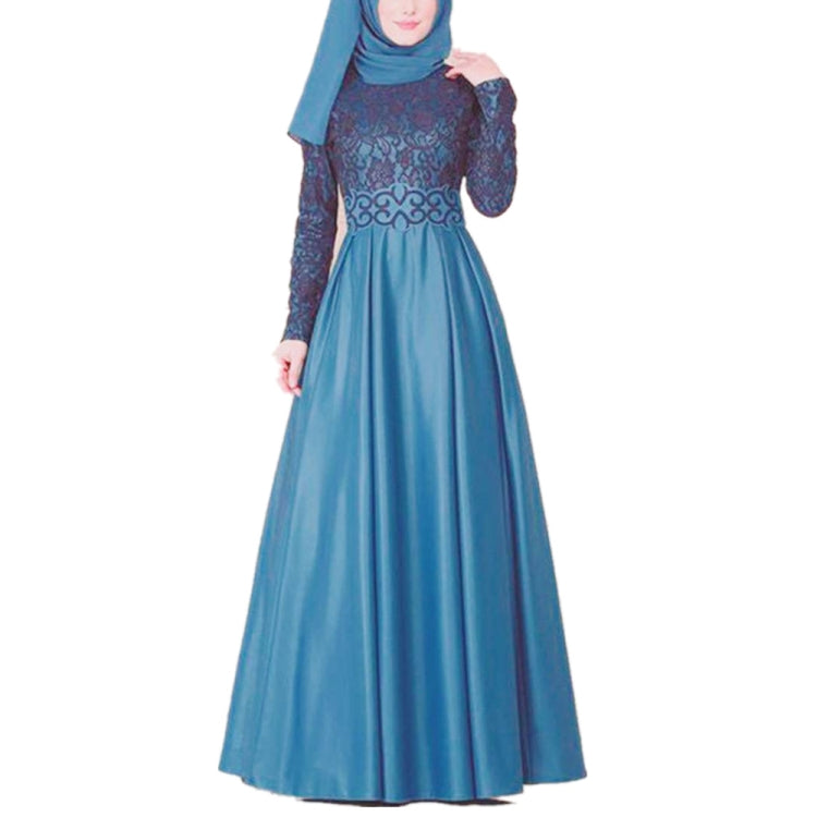Lace Stitching Retro Large Swing Dress Ethnic Style Long-Sleeved Slim Dress, X, XXX, XXXX, XX - X Blue