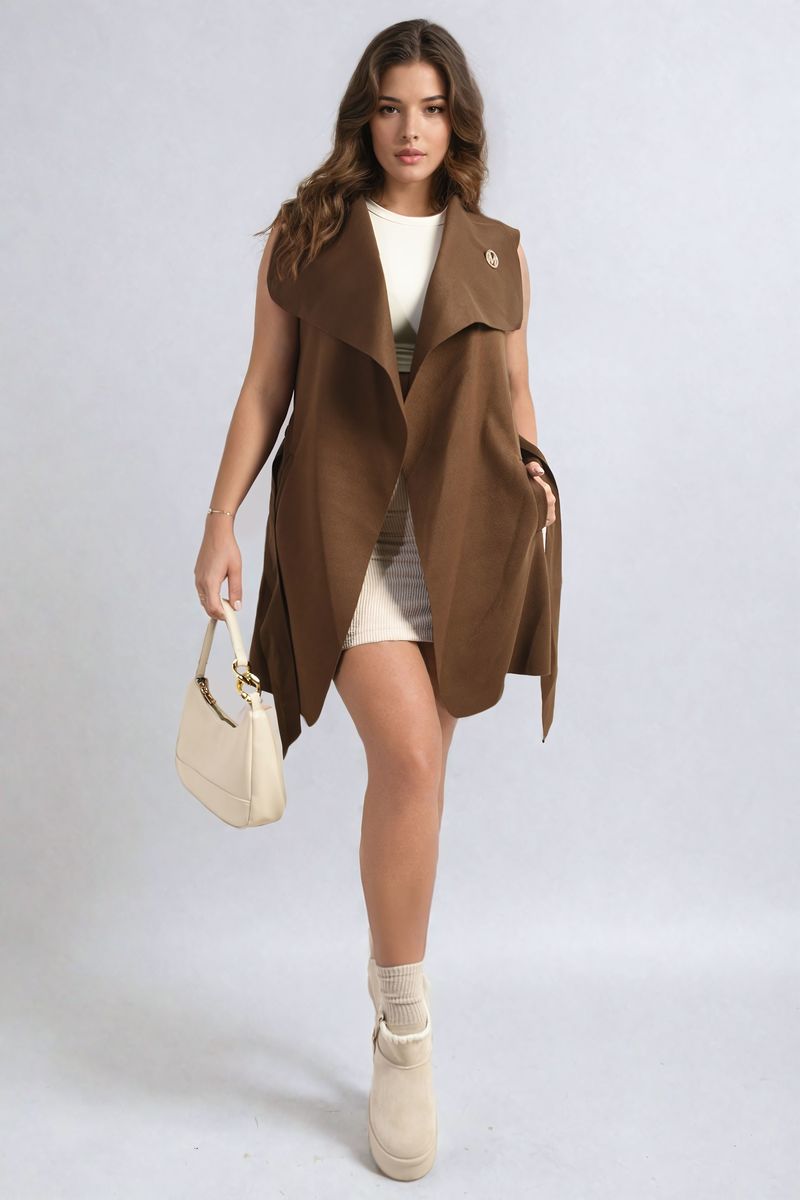 Wide Lapel Sleeveless Belted Jacket - BROWN ONE SIZE -