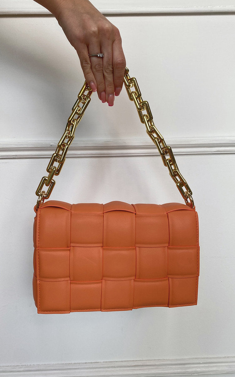 Faux Leather Woven Bag with Chain Strap - Orange SZE