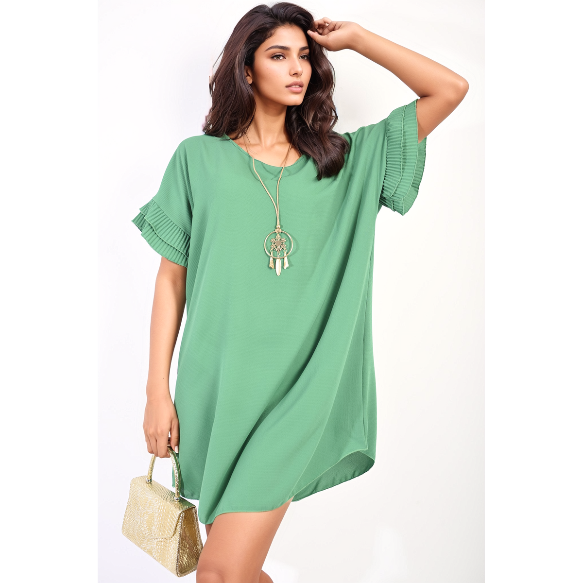 Ruffled Sleeve Mini Dress - Green Guc ML
