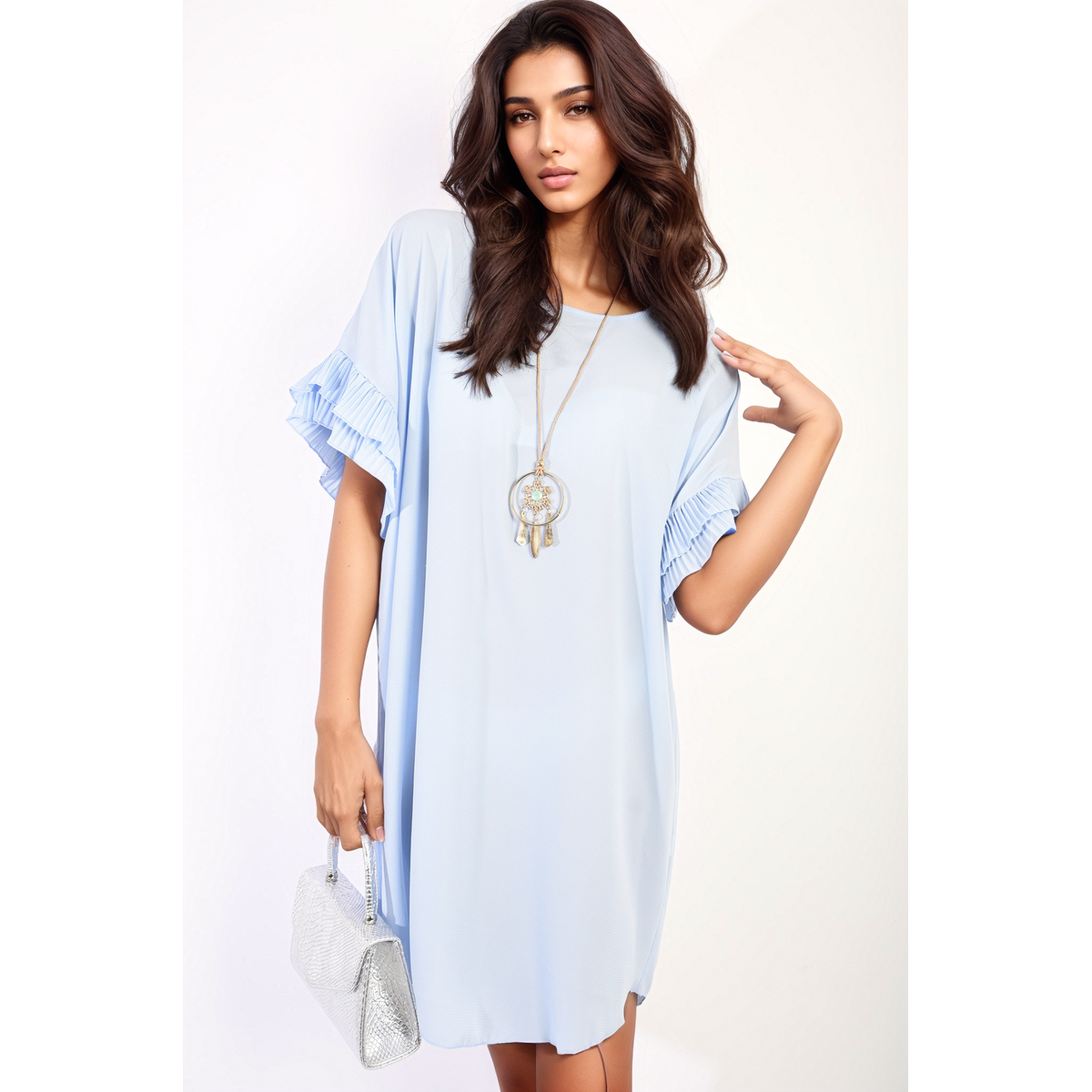 Ruffled Sleeve Mini Dress - Sky Blue ML