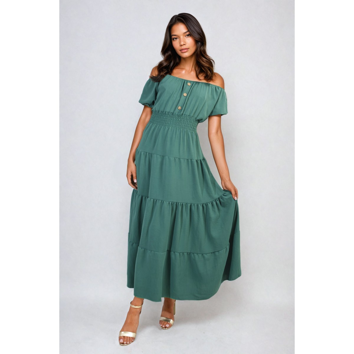 Smocked Waist Tiered Midi Dress - Dark Green SM