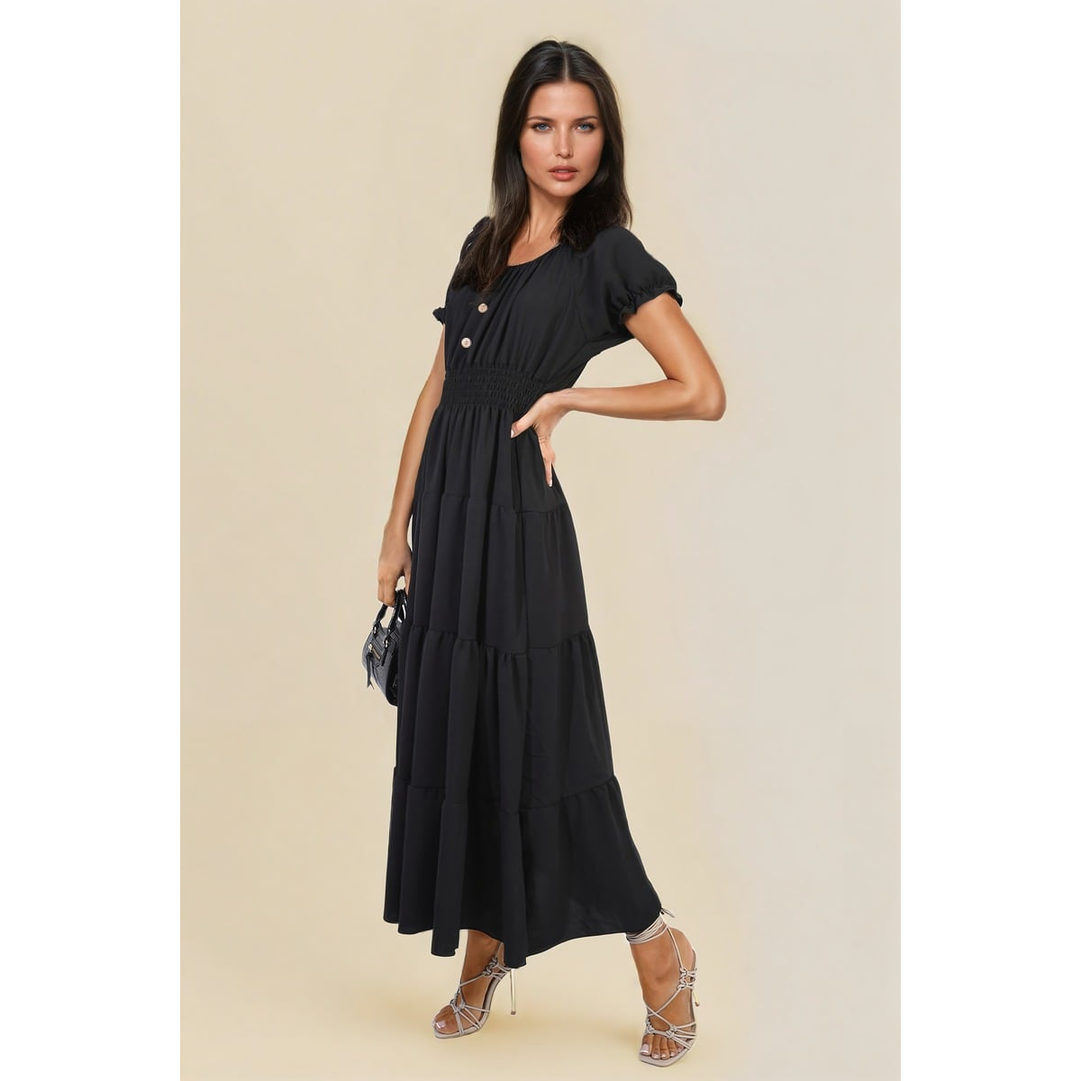 Smocked Waist Tiered Midi Dress - Black SM