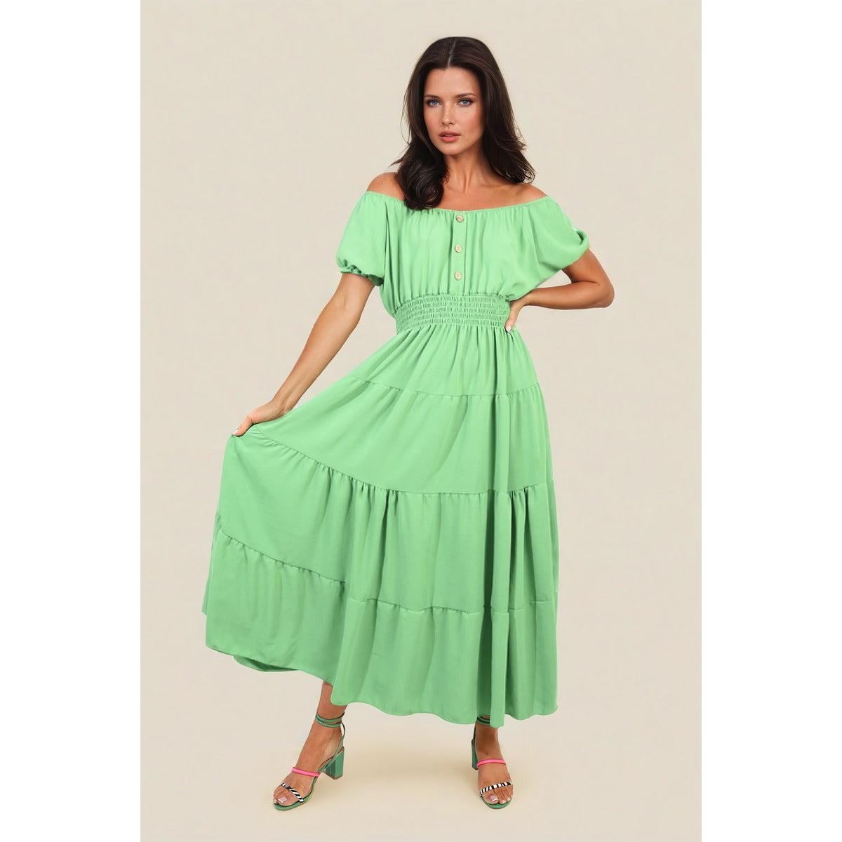 Smocked Waist Tiered Midi Dress - Green ML