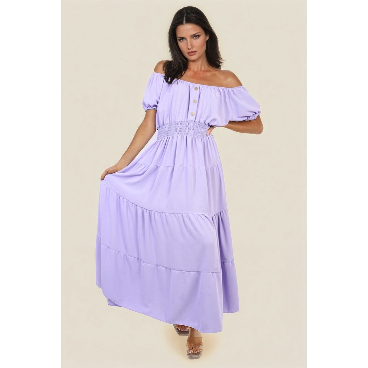 Smocked Waist Tiered Midi Dress - Lilac SM