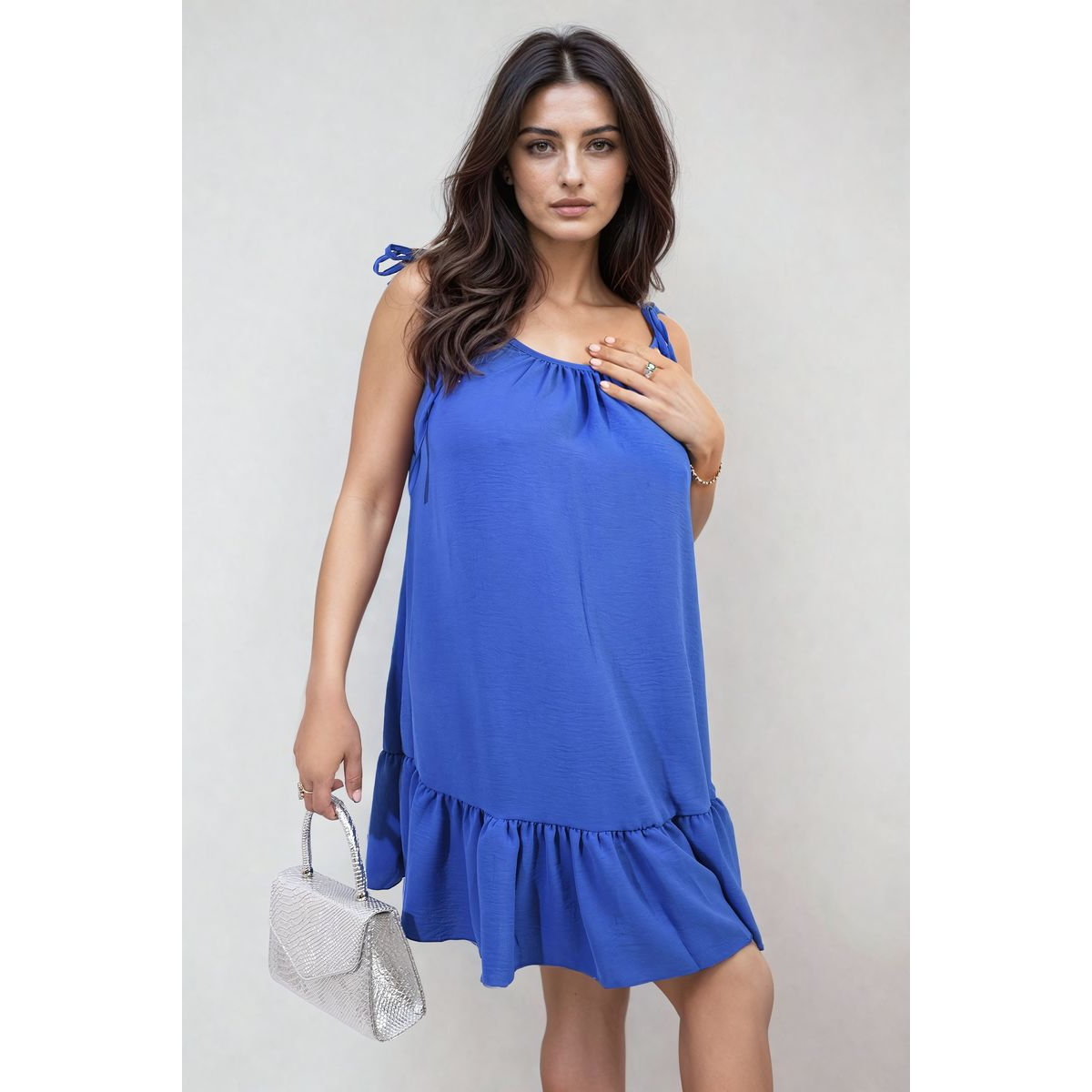 Backless Tie-up Spaghetti Strap Frill Hem Mini Dress - Royal ONE SIZE -