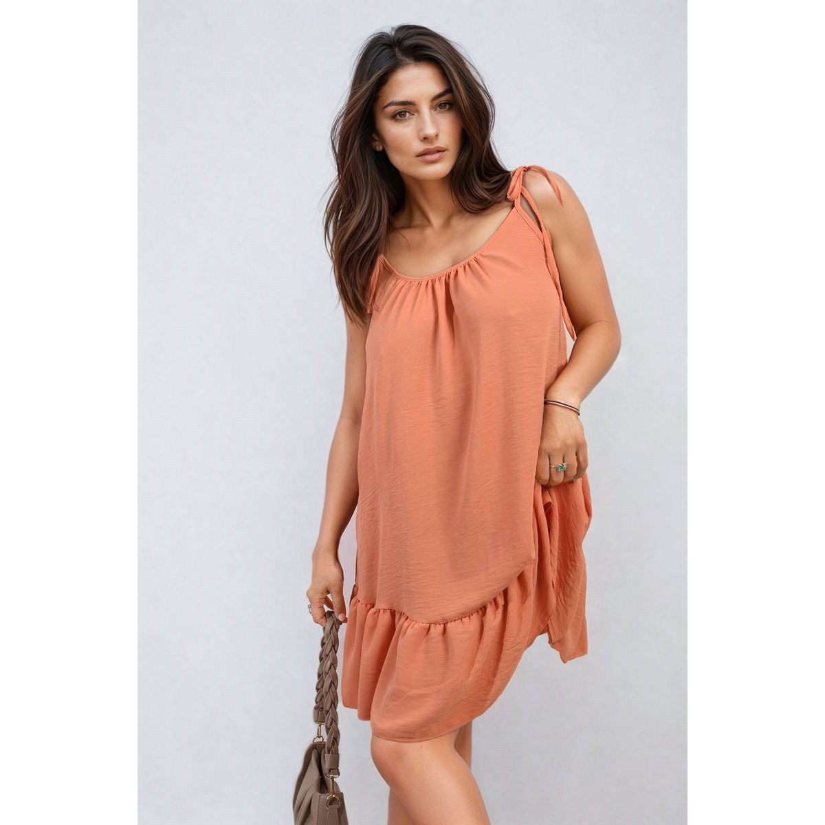 Backless Tie-up Spaghetti Strap Frill Hem Mini Dress - Orange ONE SIZE -