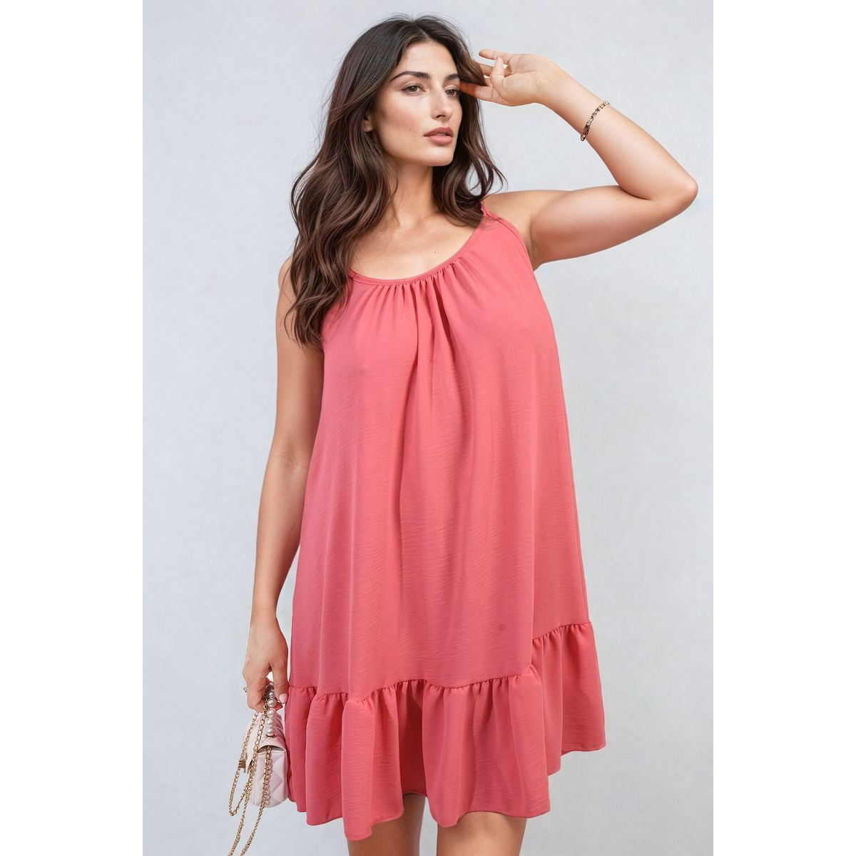 Backless Tie-up Spaghetti Strap Frill Hem Mini Dress - Coral ONE SIZE -