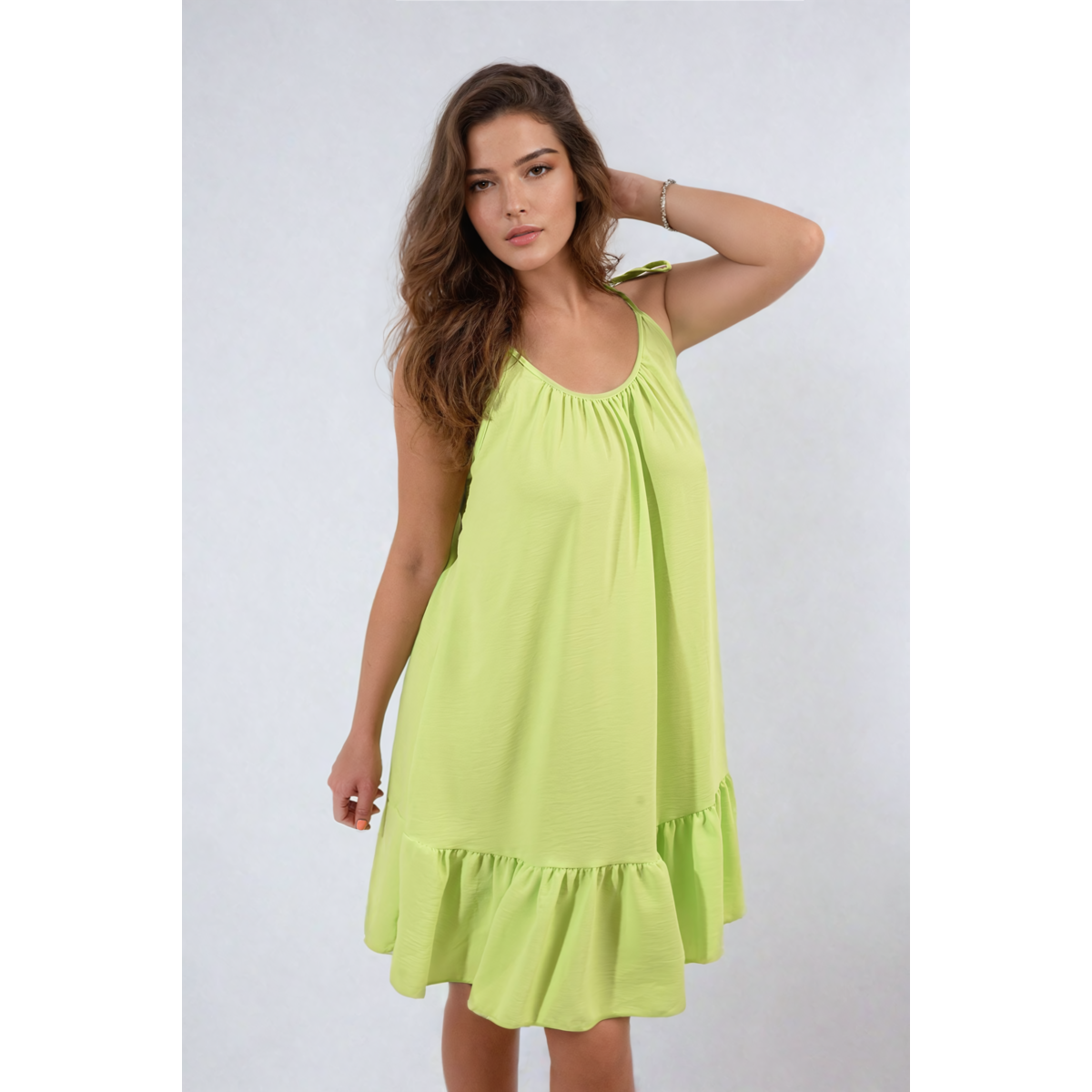 Backless Tie-up Spaghetti Strap Frill Hem Mini Dress - Lime ONE SIZE -