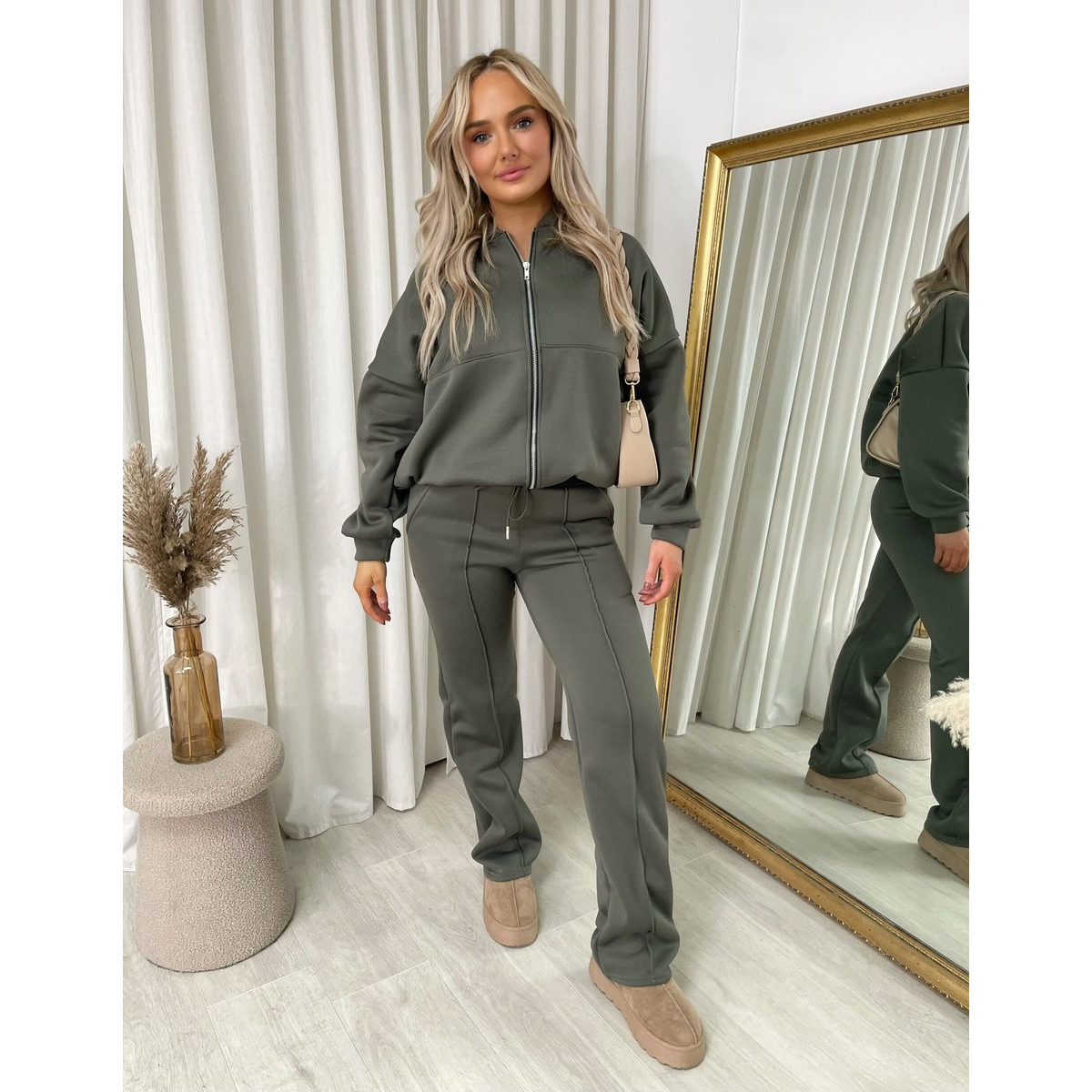 Zip Bomber Jacket and Trouser Co-ord Set - Khaki L