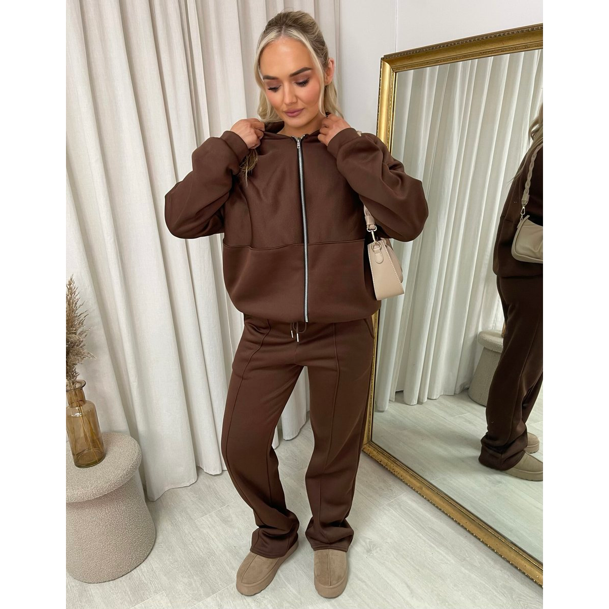Zip Bomber Jacket and Trouser Co-ord Set - BROWN ML