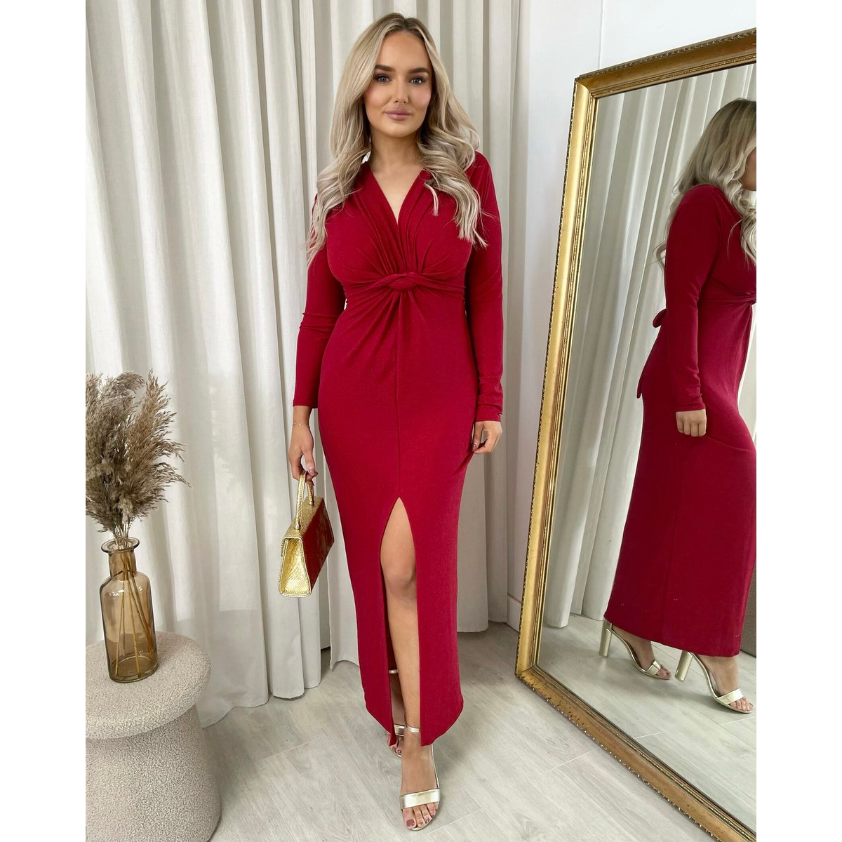 Glitter Twist Front Slit Maxi Dress - Red ONE SIZE -