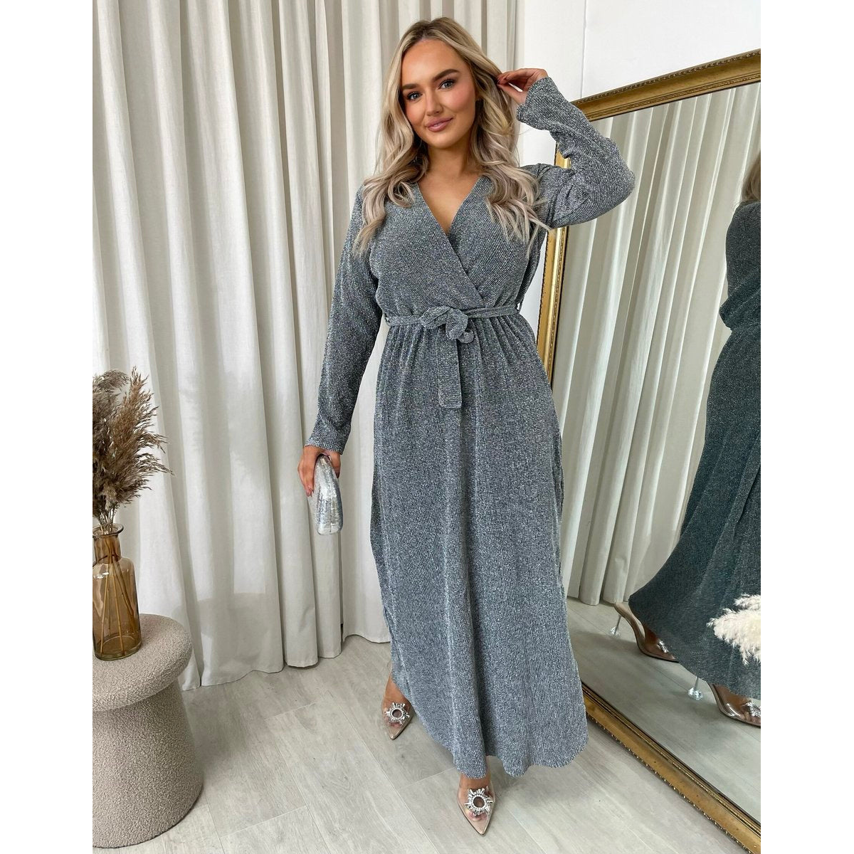 Elegant V Neck Tie Waist Glittery Maxi Dress - Silver ONE SIZE -