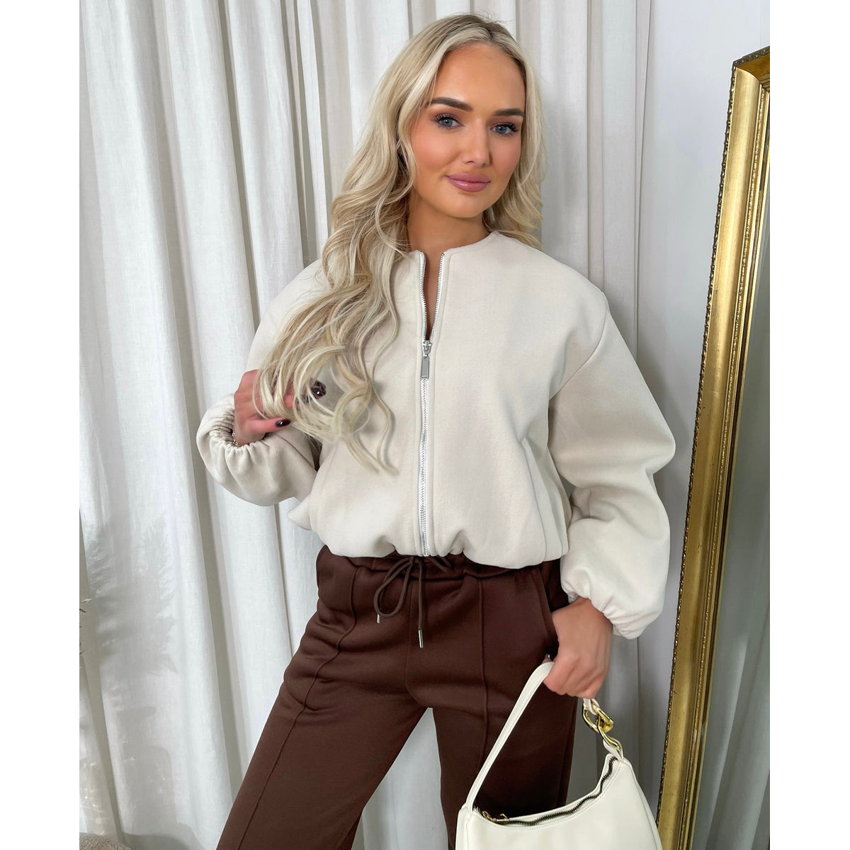 Cropped Zip Up Balloon Sleeve Bomber Jacket - Beige ONE SIZE -