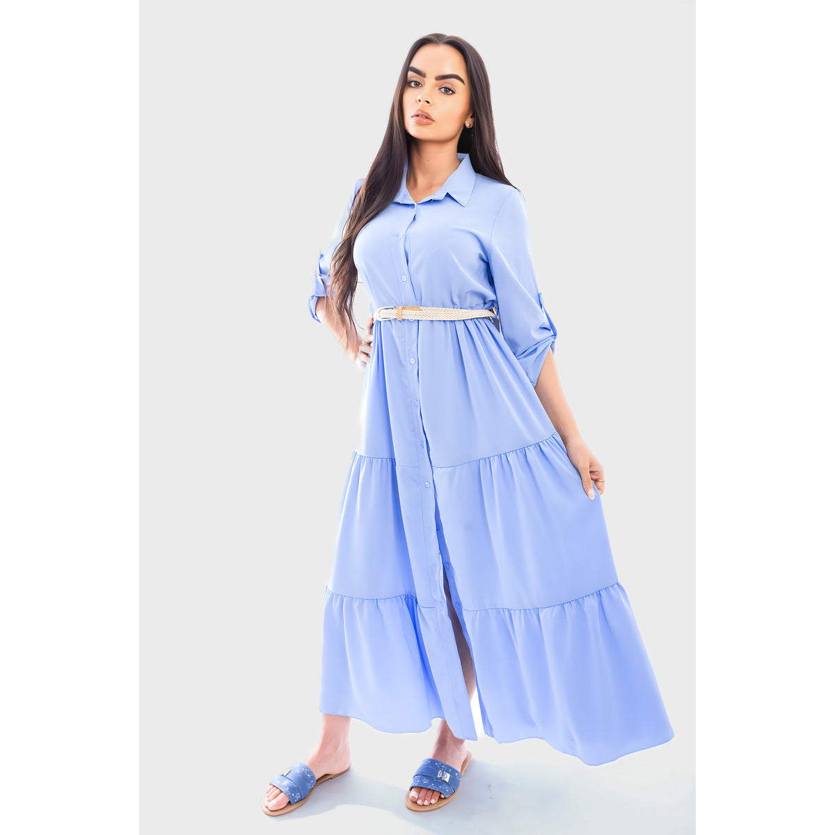Belted Button Down Tiered Maxi Dress - SKY BLUE ML