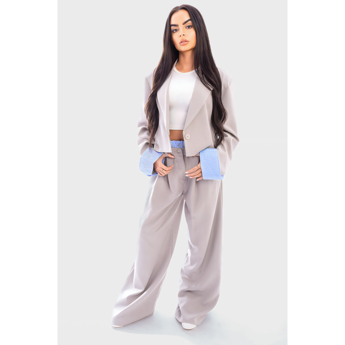 Long Sleeve Cropped Blazer Top And Straight Leg Trouser Co-ord Set - grey ML
