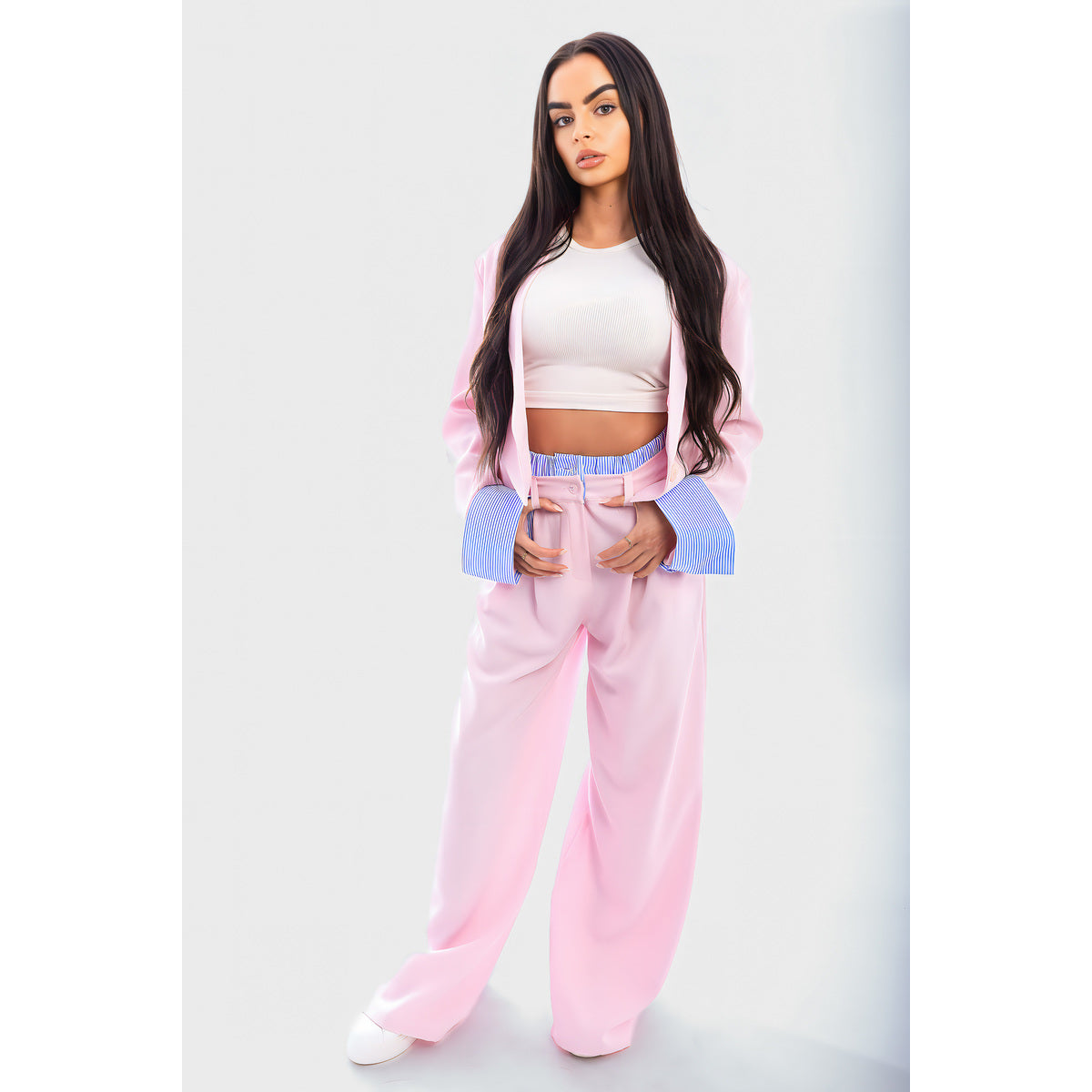 Long Sleeve Cropped Blazer Top And Straight Leg Trouser Co-ord Set - Pink SM