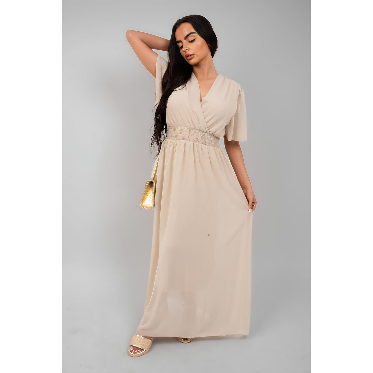 Smocked Waist V Neck Short Sleeve Flowy Maxi Dress - Beige SM