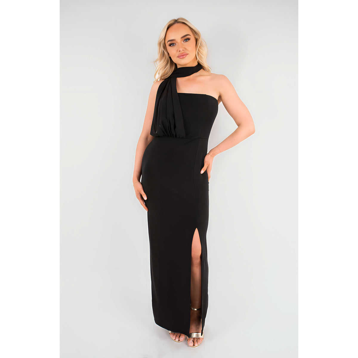 High Slit Draped Scarf Maxi Dress - Black SM