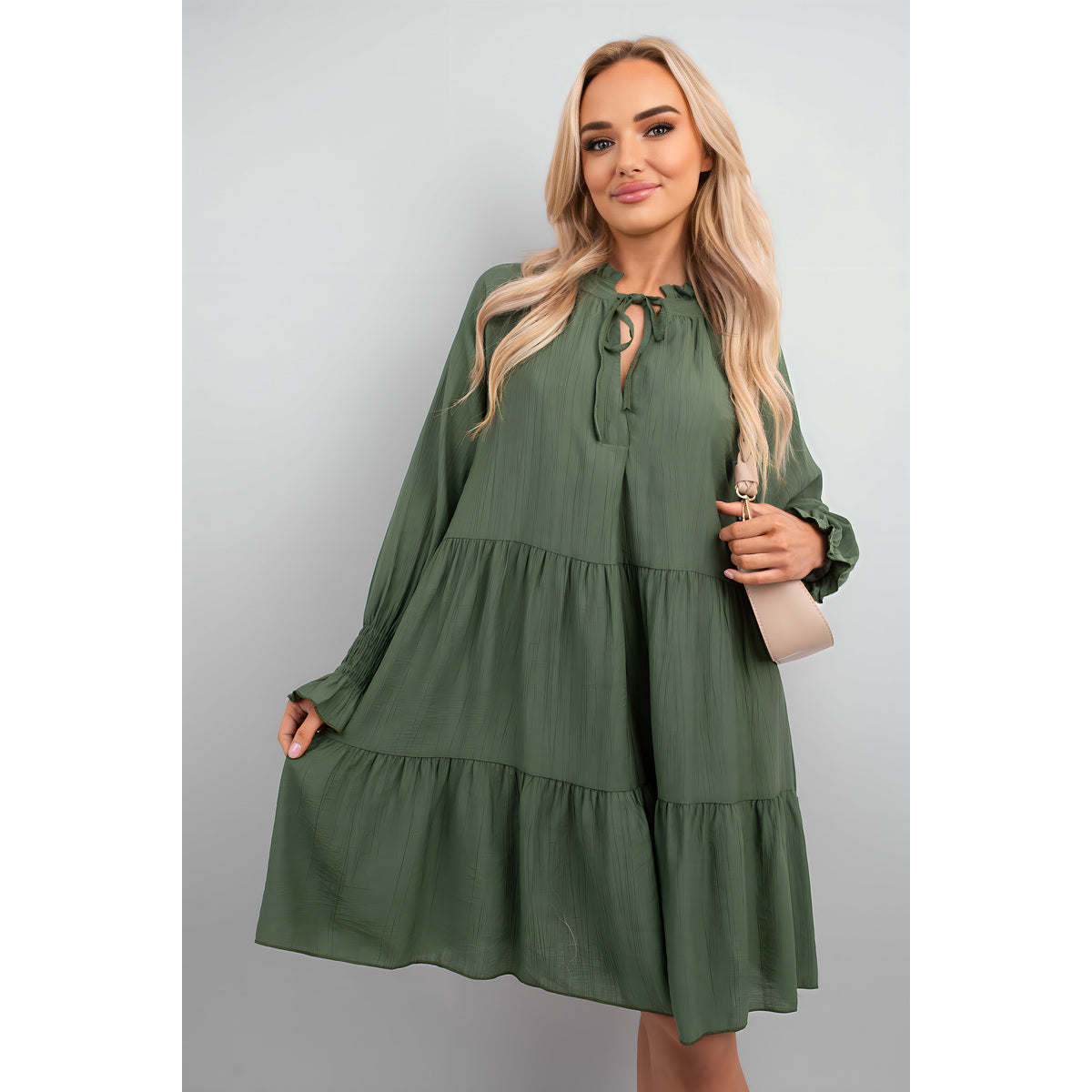 Long Sleeve Front Tie Tiered Mini Dress - Khaki ML
