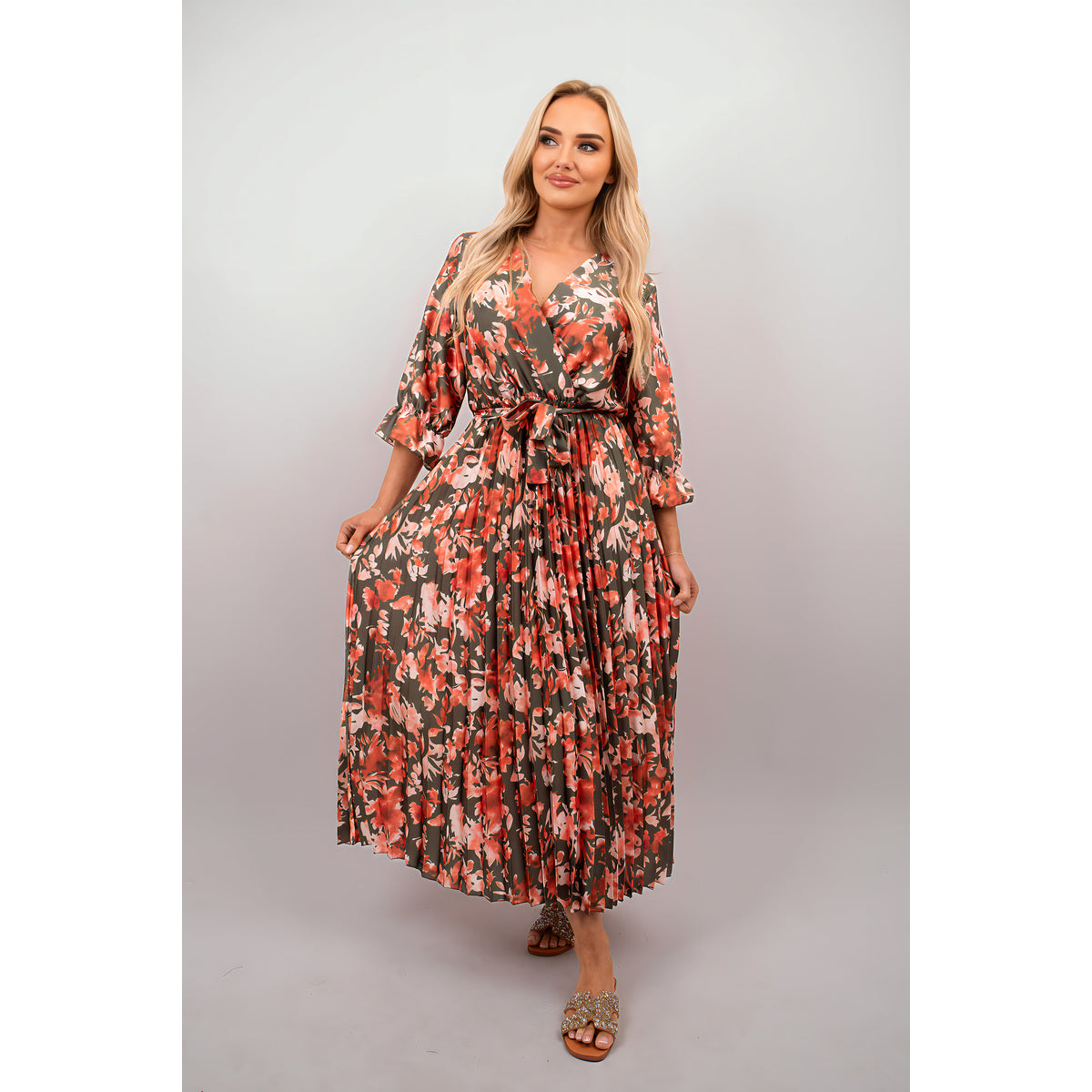 Floral Printed Long Sleeve Pleated Midi Dress - Khaki SM