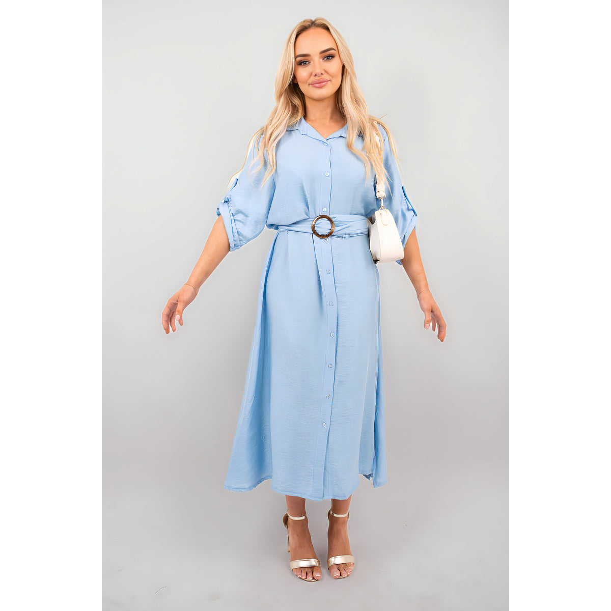 Belted Button Down Roll Tab Sleeve Midi Dress - SKY BLUE SM