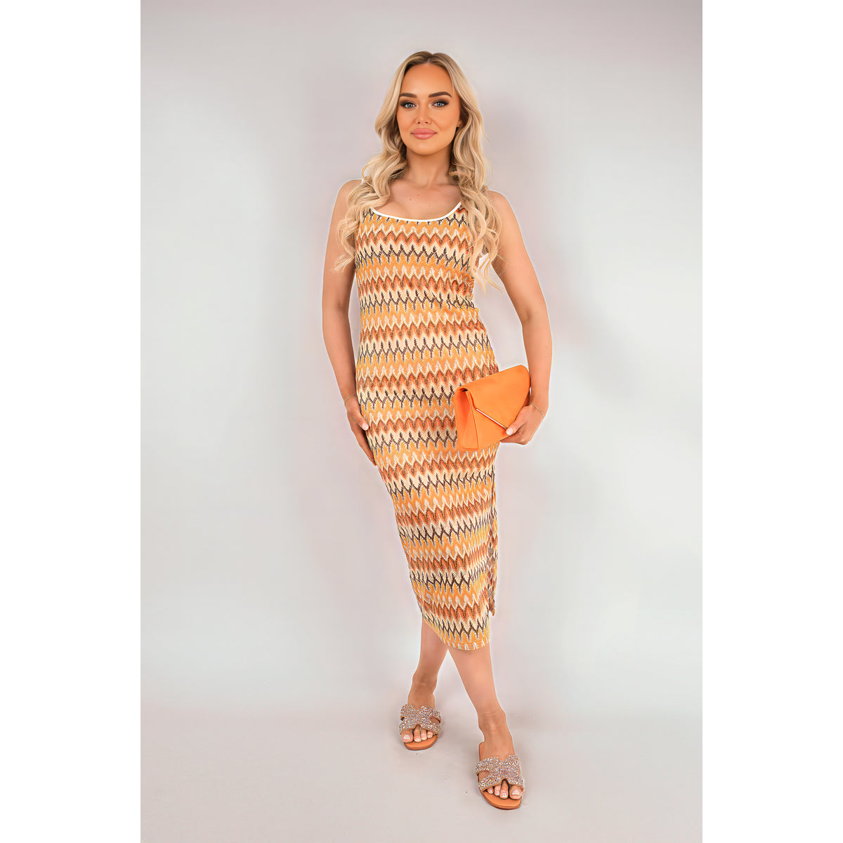 Sleeveless Scoop Neck Bodycon Midi Dress with Zig-Zag Knit Detail - Orange ML