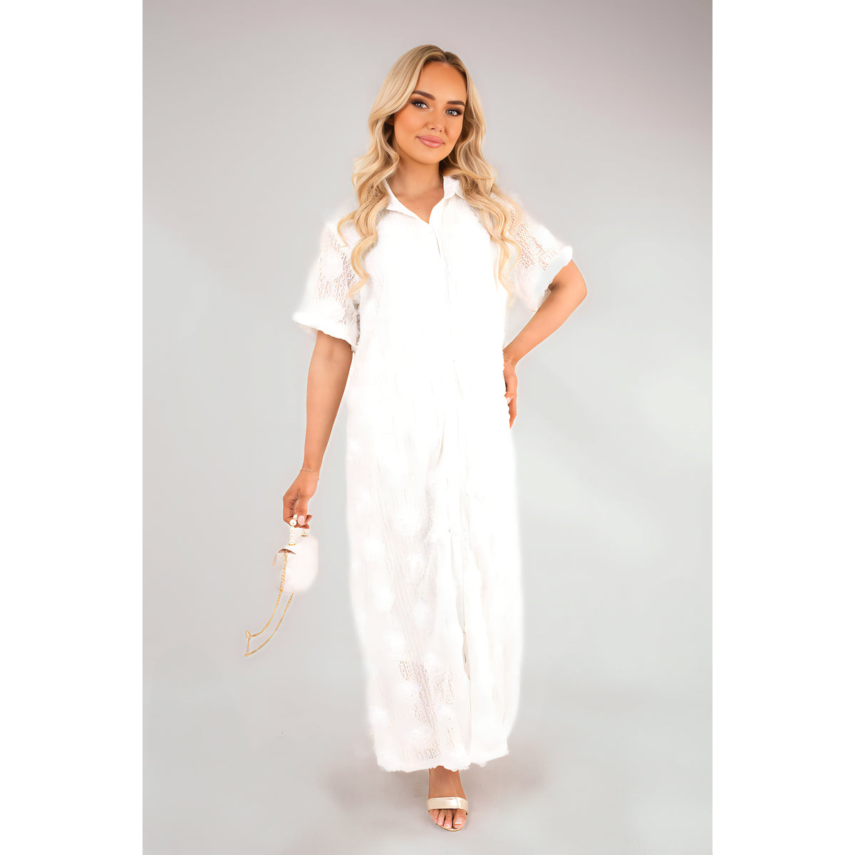 Collared Short Sleeve Sheer Maxi Shirt Dress with Textured Detail - White ML