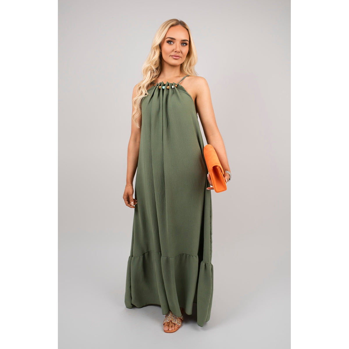 Sleeveless Beaded Halter Neck Maxi Dress with Tiered Hem - Khaki ML