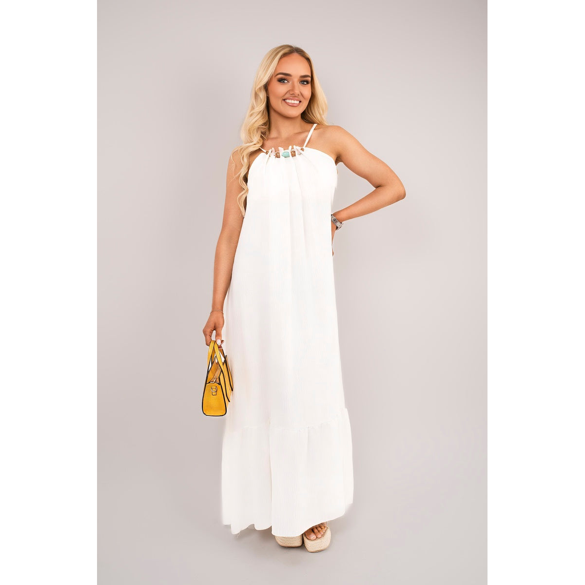 Sleeveless Beaded Halter Neck Maxi Dress with Tiered Hem - White SM