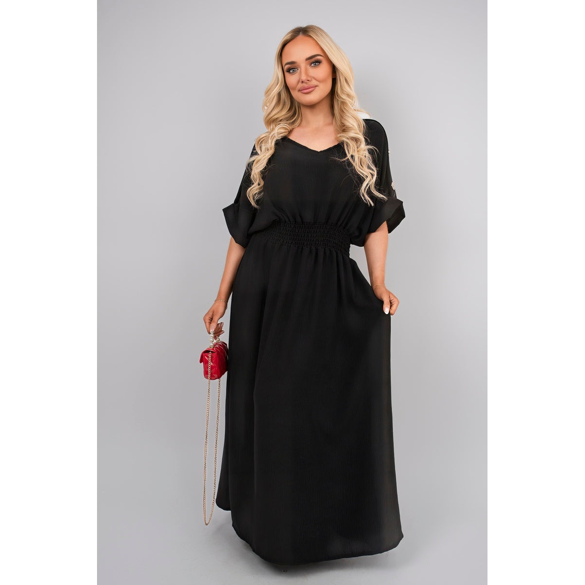 V Neck Short Sleeve Maxi Dress with Button Detail - Black SM