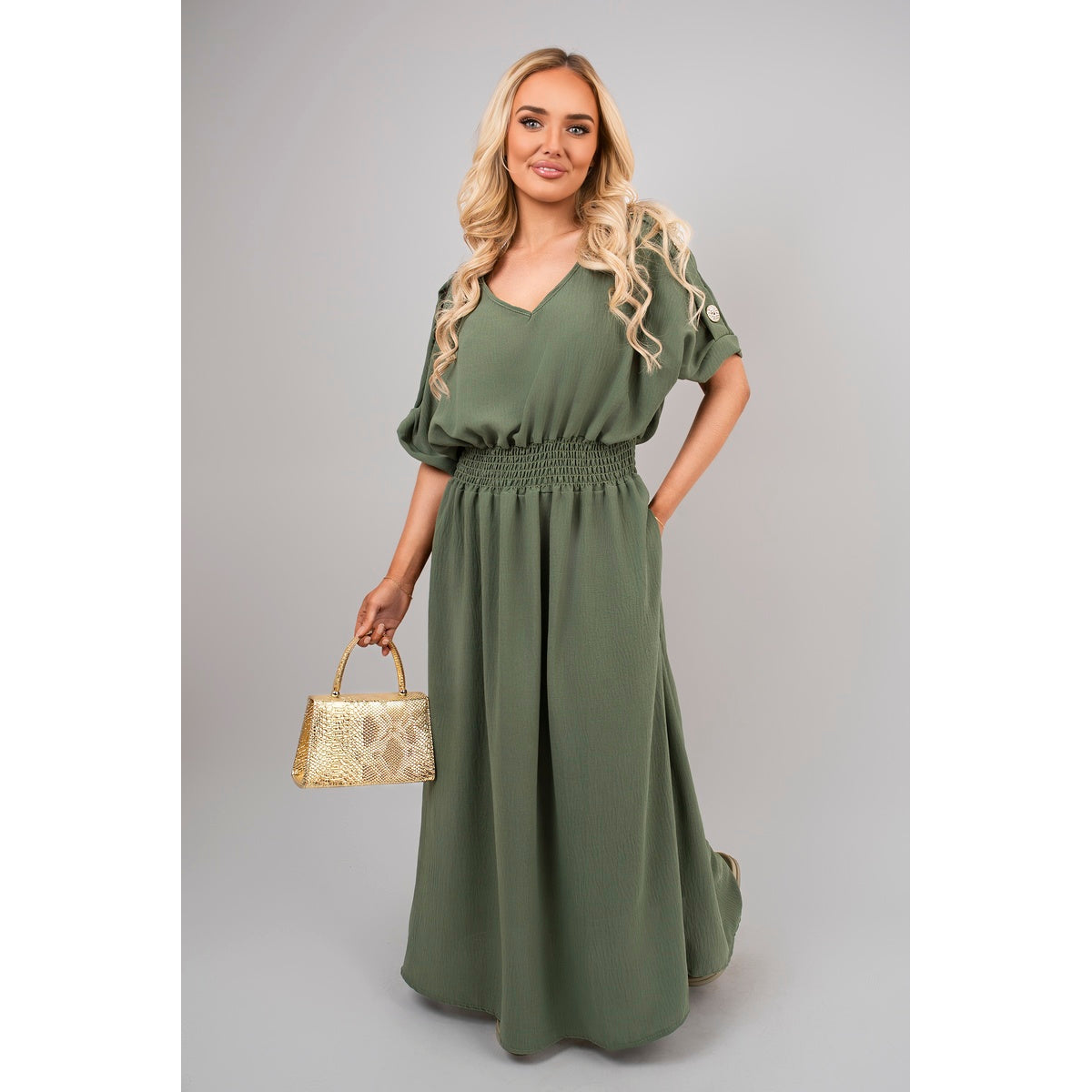V Neck Short Sleeve Maxi Dress with Button Detail - Khaki SM
