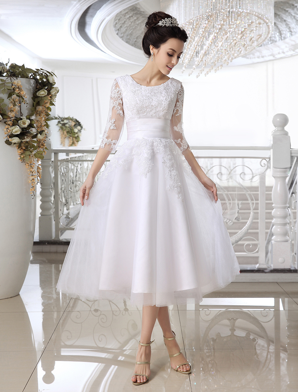 Lace Wedding Dress Illusion Half Sleeve Tea Length Bridal Dress