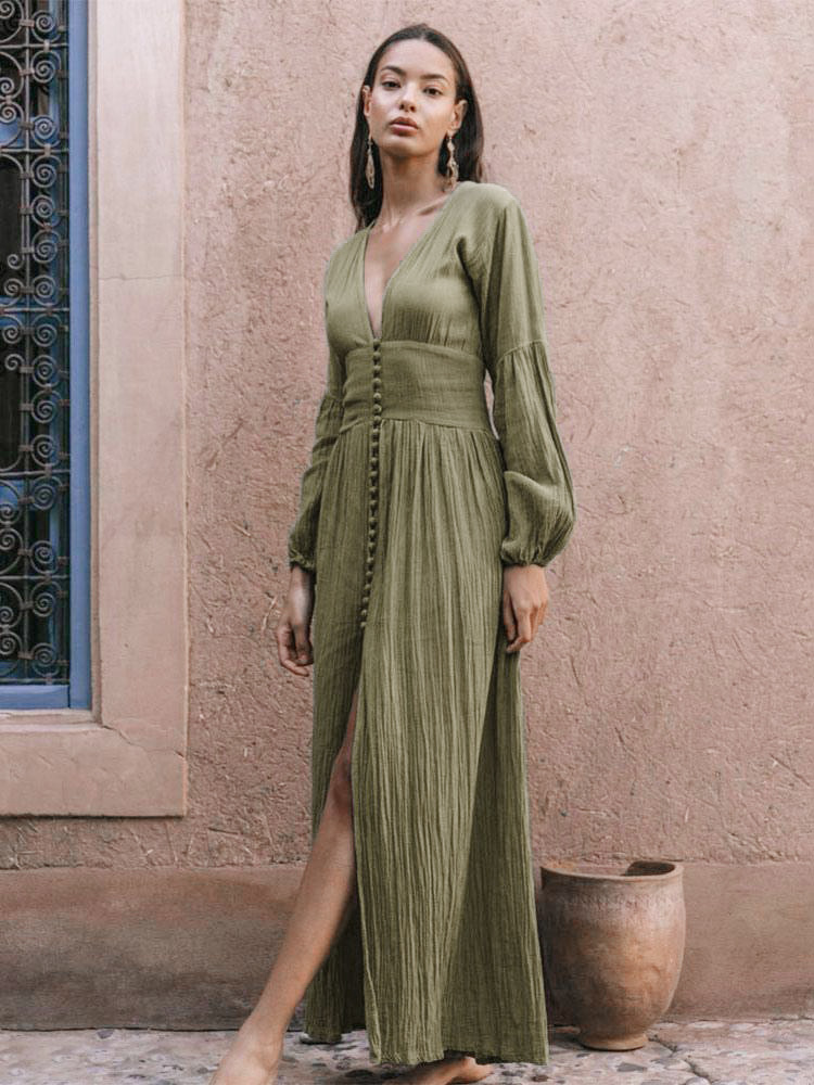 Boho V Neck Maxi Dress - Puff Sleeve Button Front High Slit Long Dress - Spring Beach Vacation