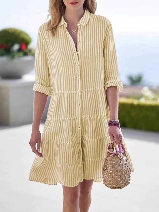 Women Striped Casual Summer Daily Loose Long Sleeve Shirt Dress Shirt Collar Knee Length Dresses