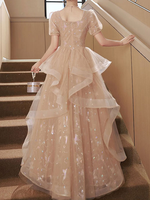 Prom Dress A-Line Square Neck Lace Short Sleeves Party Dresses