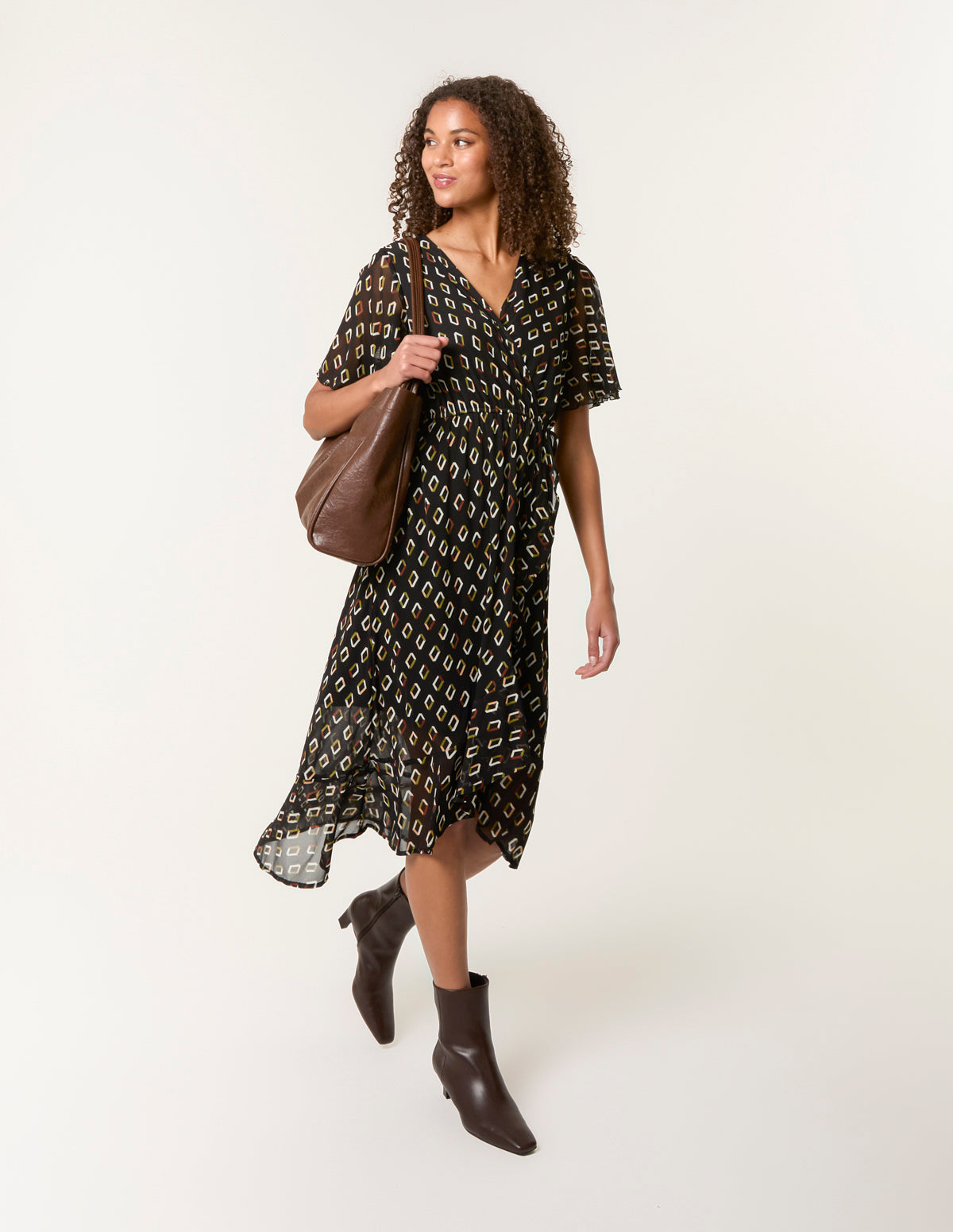 Geometric Mesh Ruffle Wrap Dress - S BLACK PATTERN