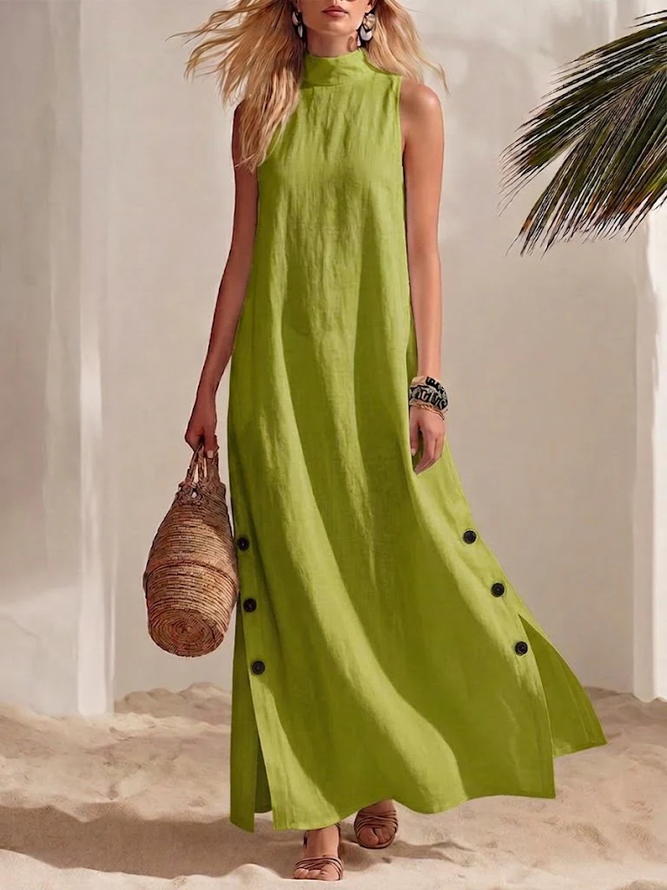 Women Elegant Plain Summer Daily Mid Waist Cotton And Linen Sleeveless A-Line Fit & Flare Dress Dresses