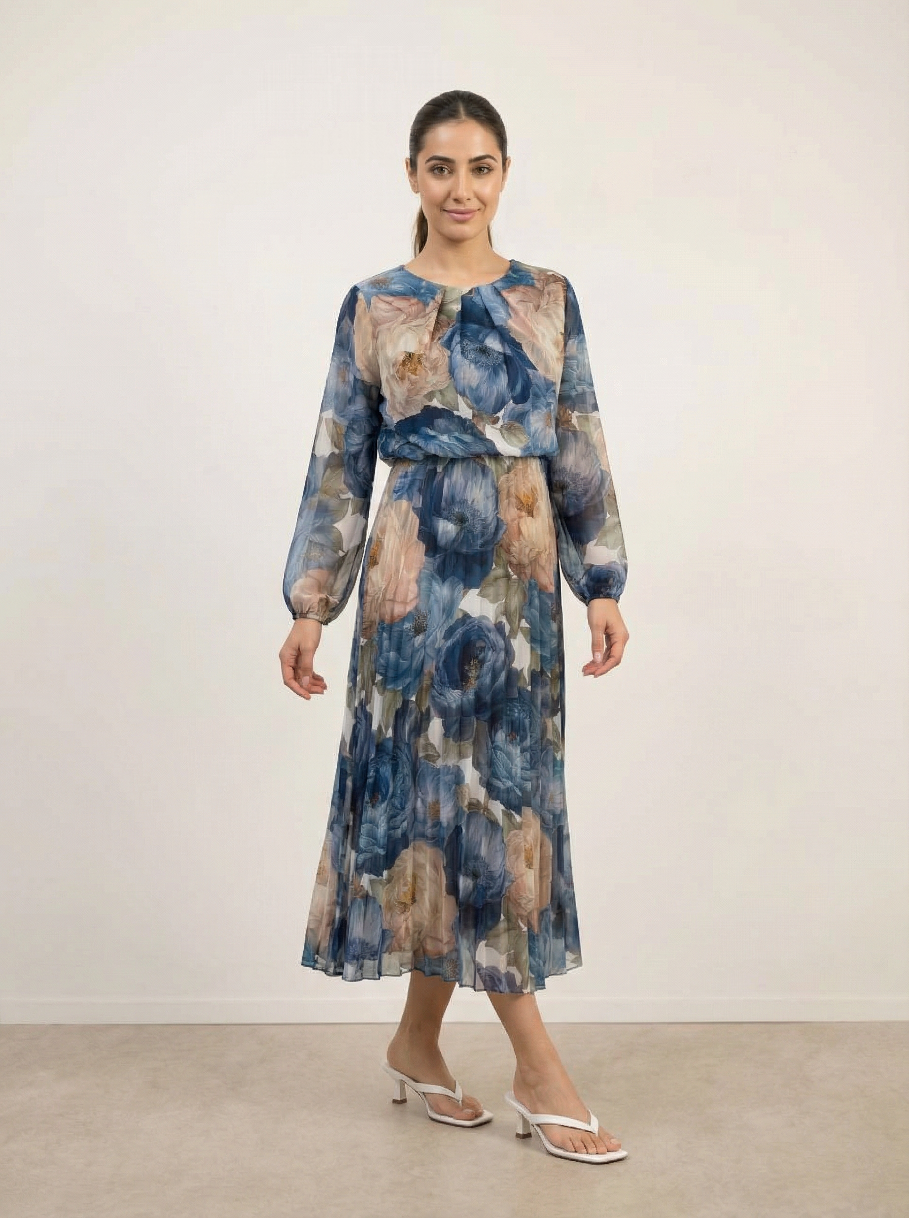 Pleated Floral Dress - M BLUE