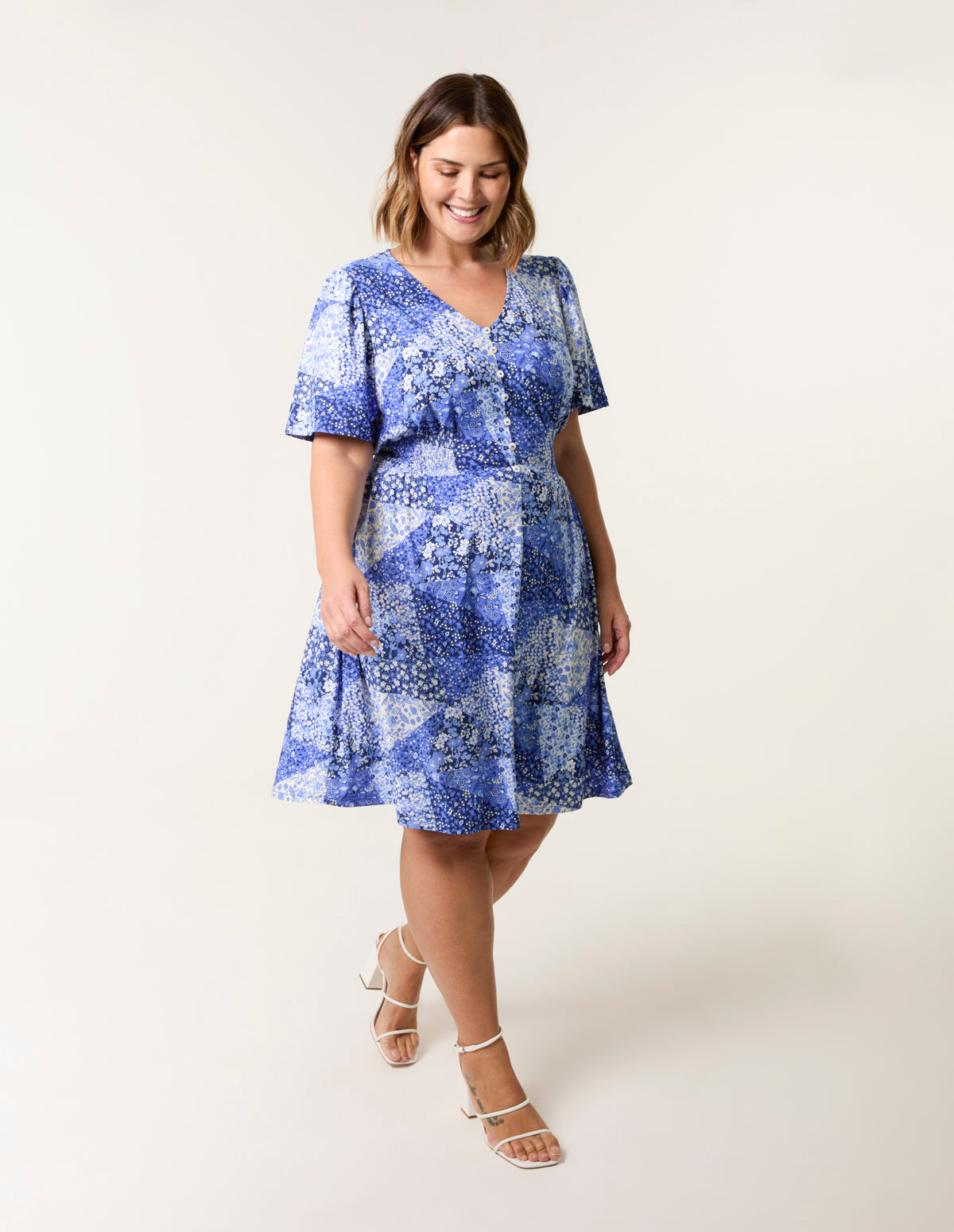 Curve Shirred Waist Button Mini Dress - Blue