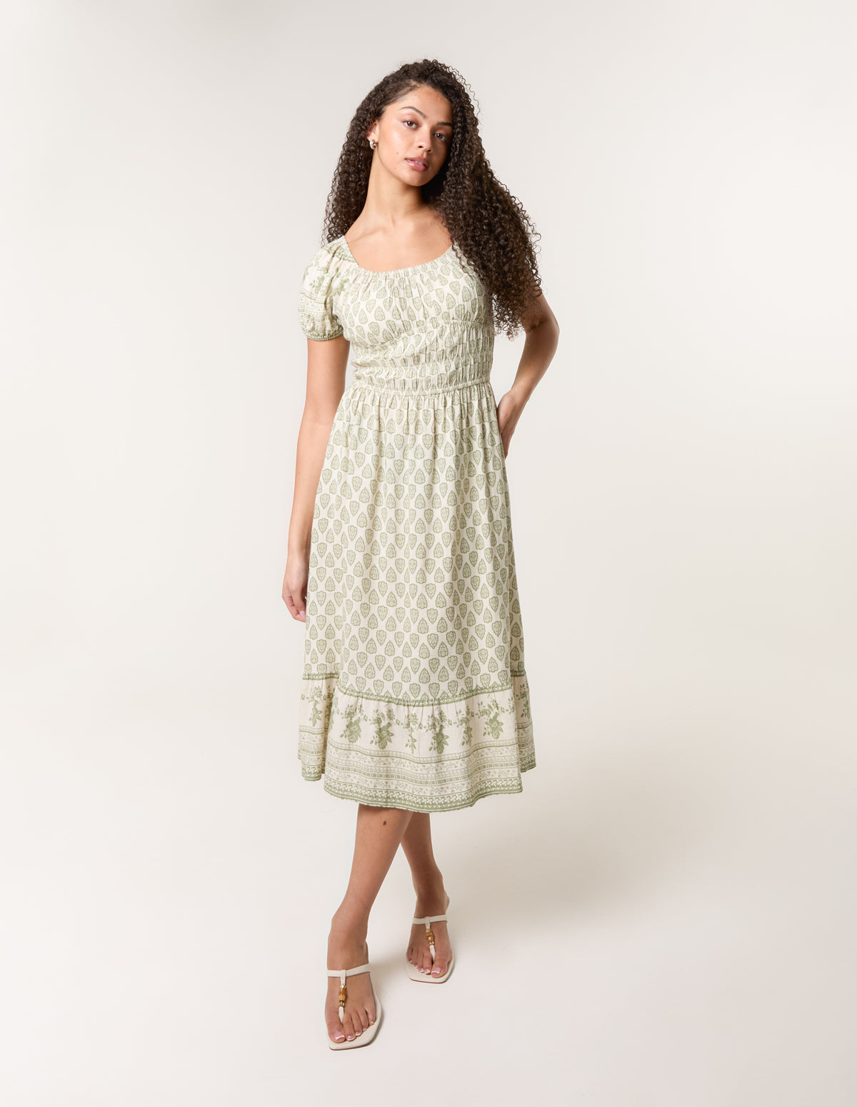 Border Print Puff Sleeve Midi Dress - GREEN